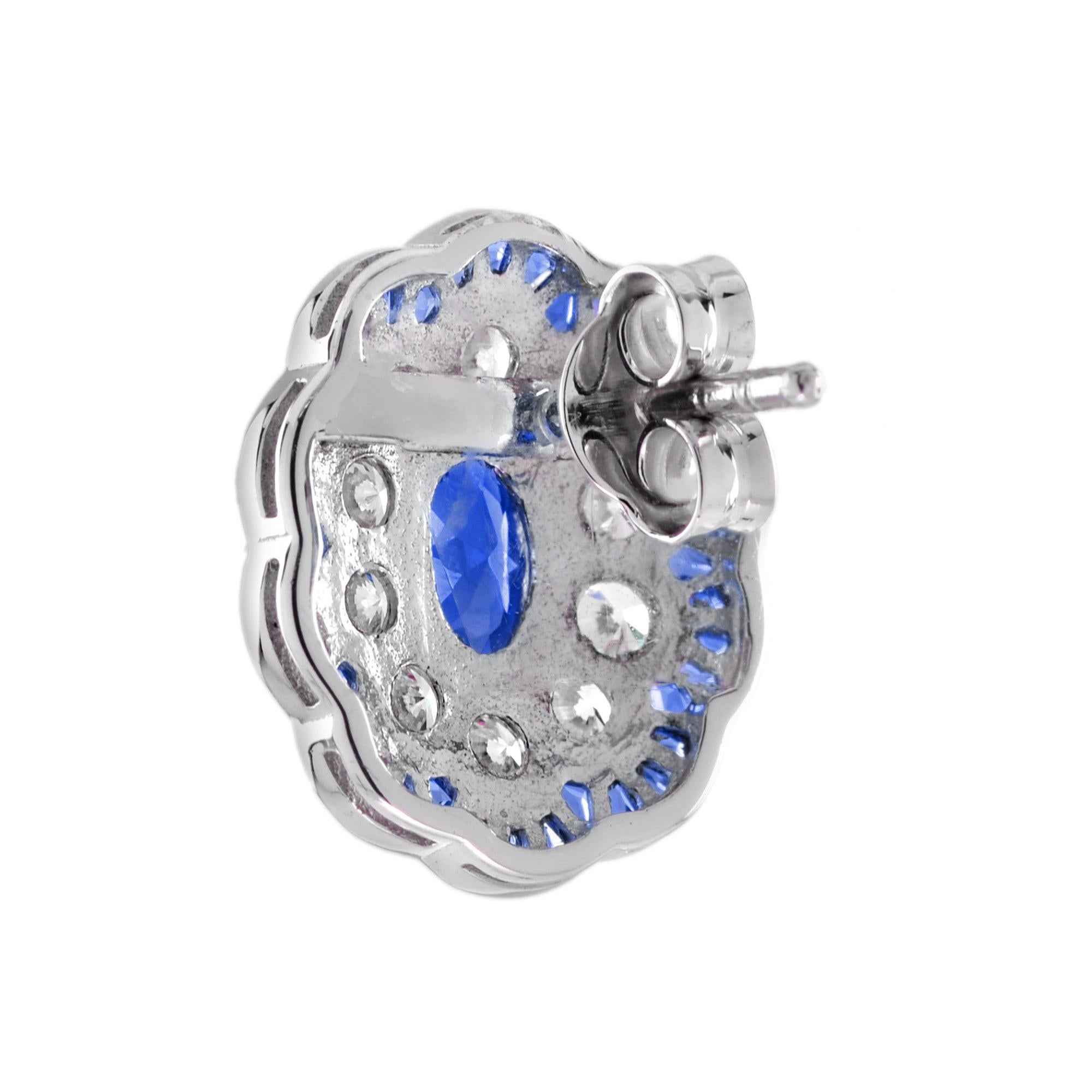 Oval Cut Sapphire and Diamond Art Deco Style Oval Floral Stud Earrings in 18k White Gold For Sale