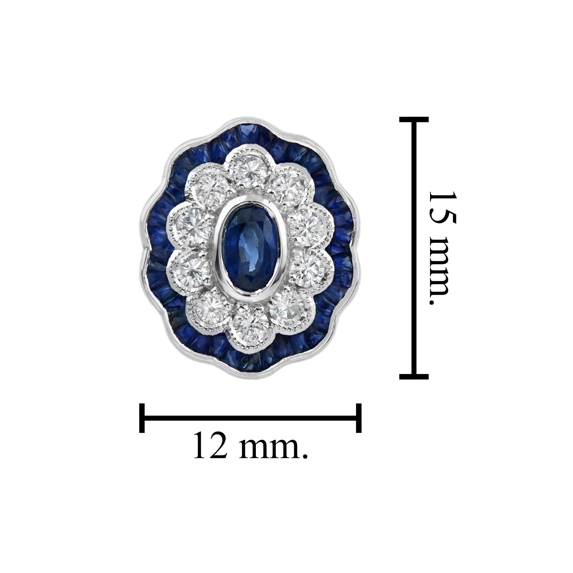 Sapphire and Diamond Art Deco Style Oval Floral Stud Earrings in 18k White Gold In New Condition For Sale In Bangkok, TH