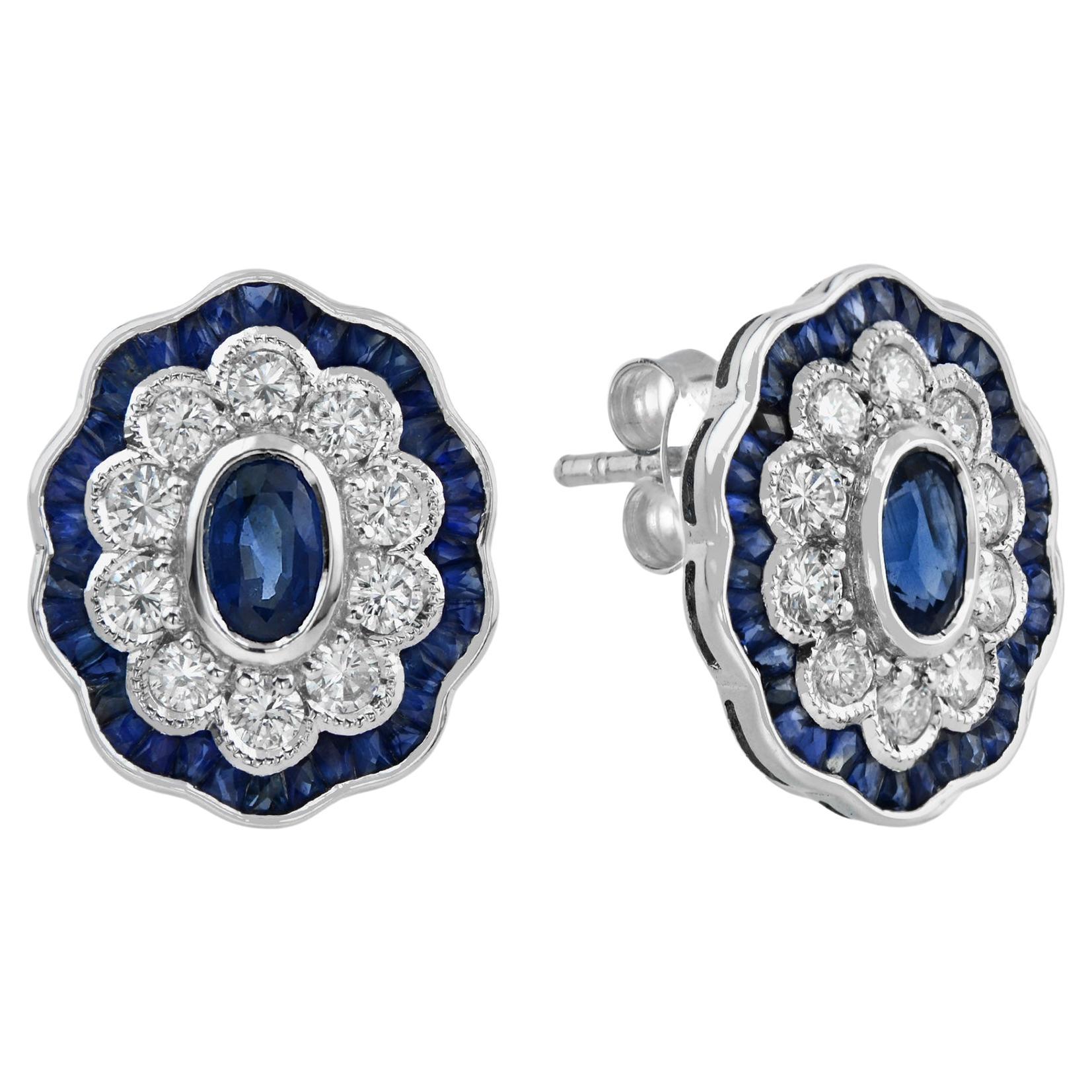Sapphire and Diamond Art Deco Style Oval Floral Stud Earrings in 18k White Gold