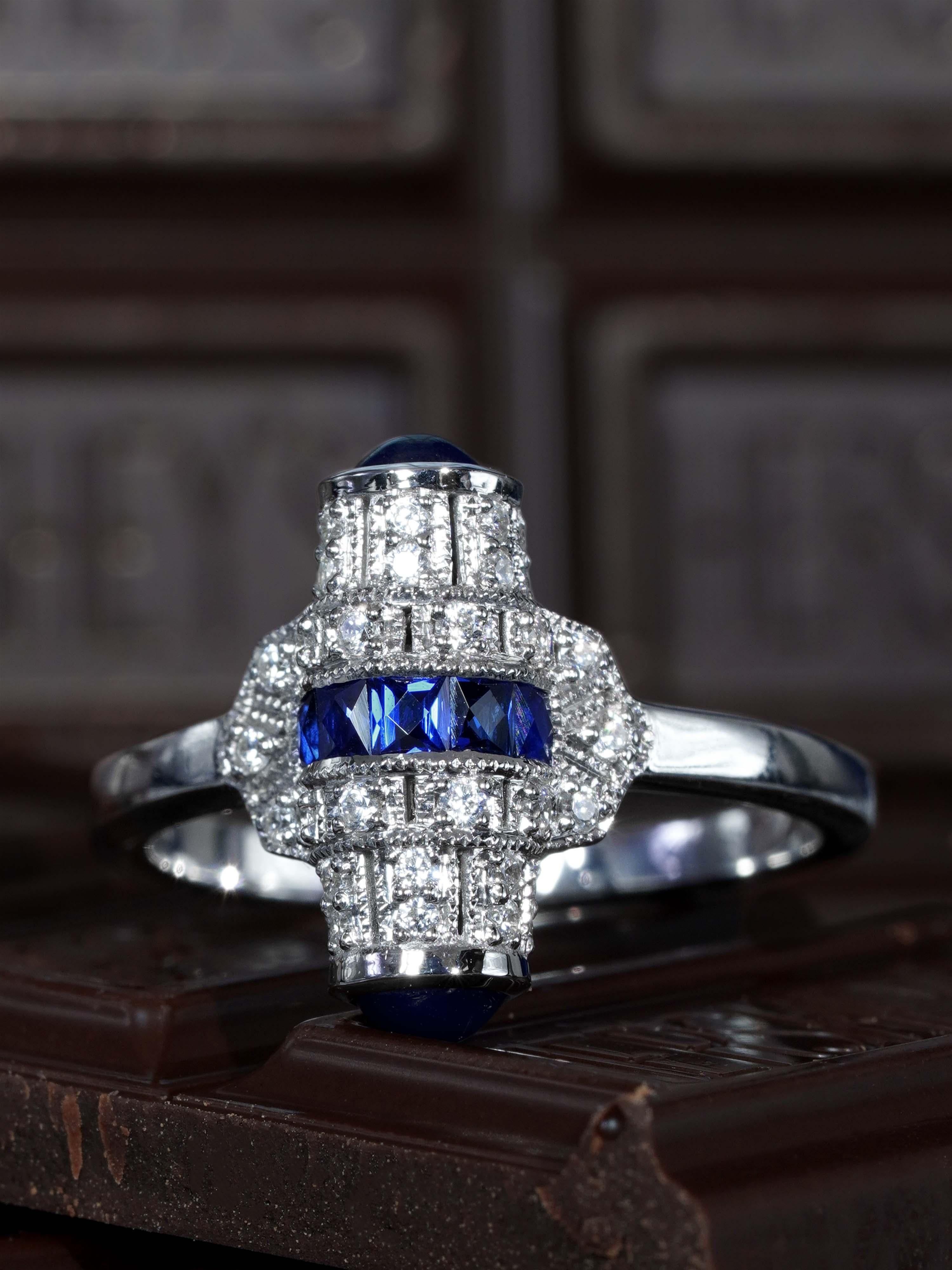 Saphir und Diamant Ring im Art Deco Stil 14K Weißgold (Carréeschliff) im Angebot