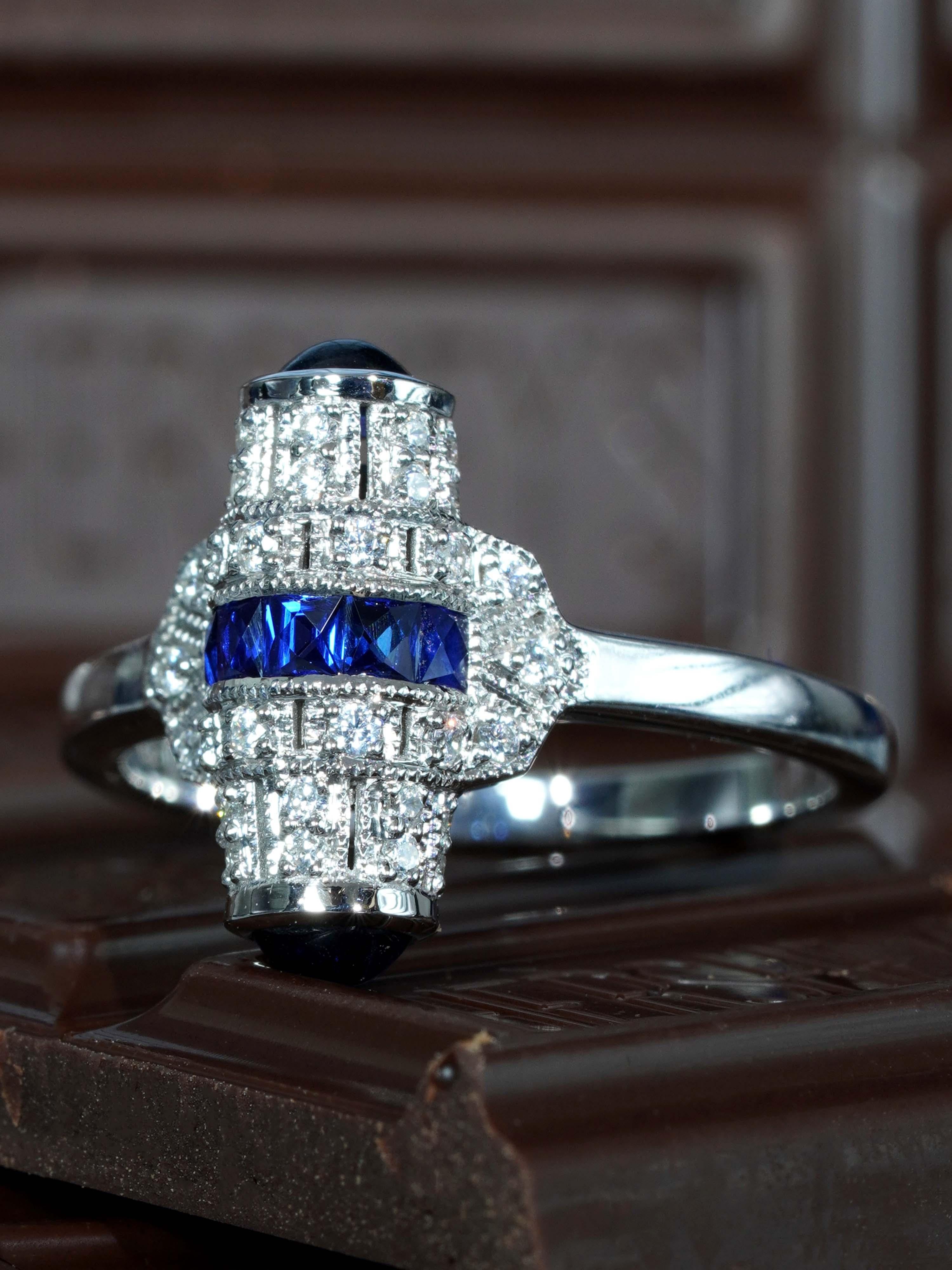 Saphir und Diamant Ring im Art Deco Stil 14K Weißgold im Zustand „Neu“ im Angebot in Bangkok, TH