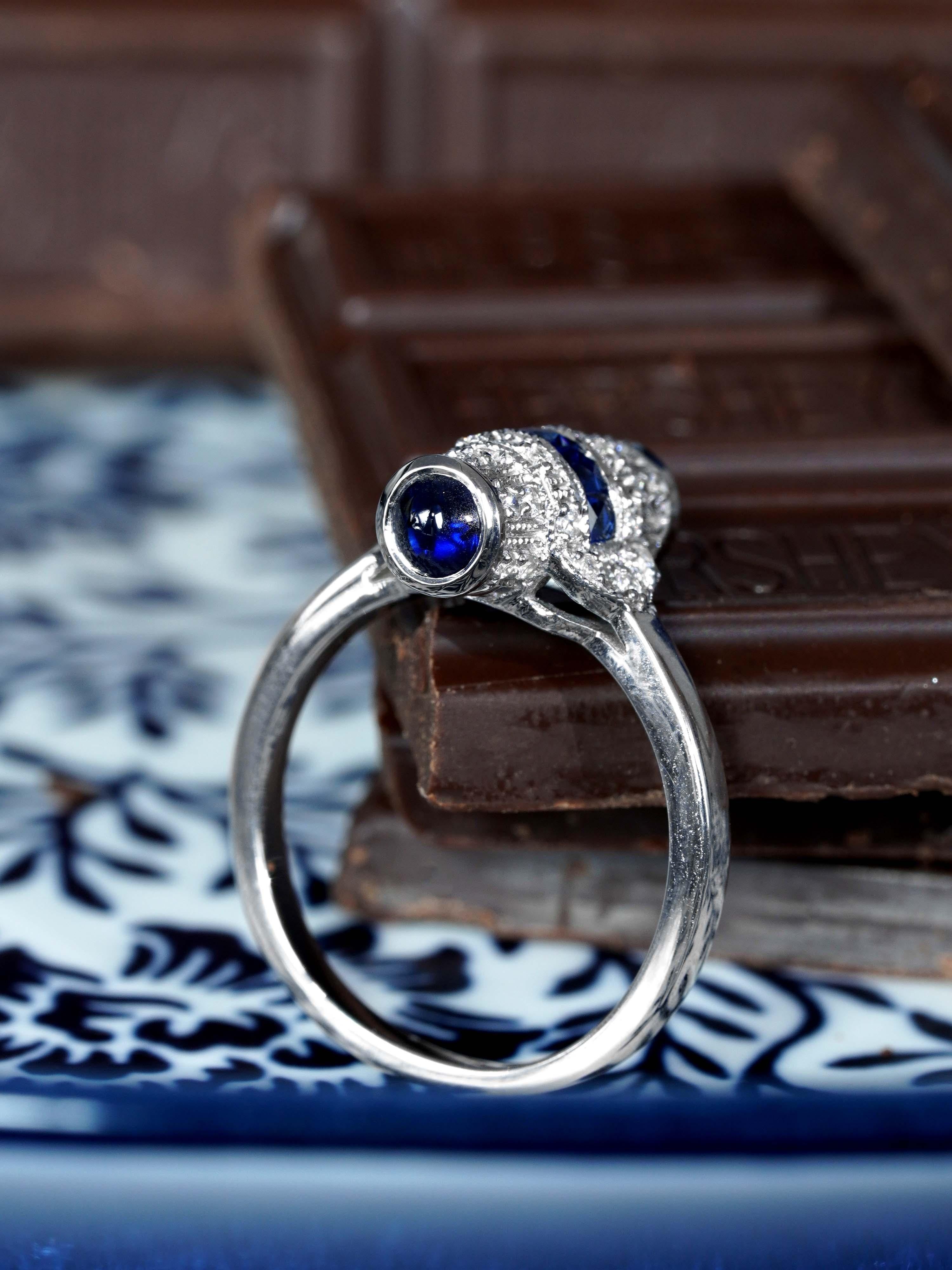 Saphir und Diamant Ring im Art Deco Stil 14K Weißgold Damen im Angebot