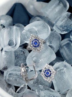 Sapphire and Diamond Art Deco Style Ring and Earrings Jewelry Set in 14K Gold