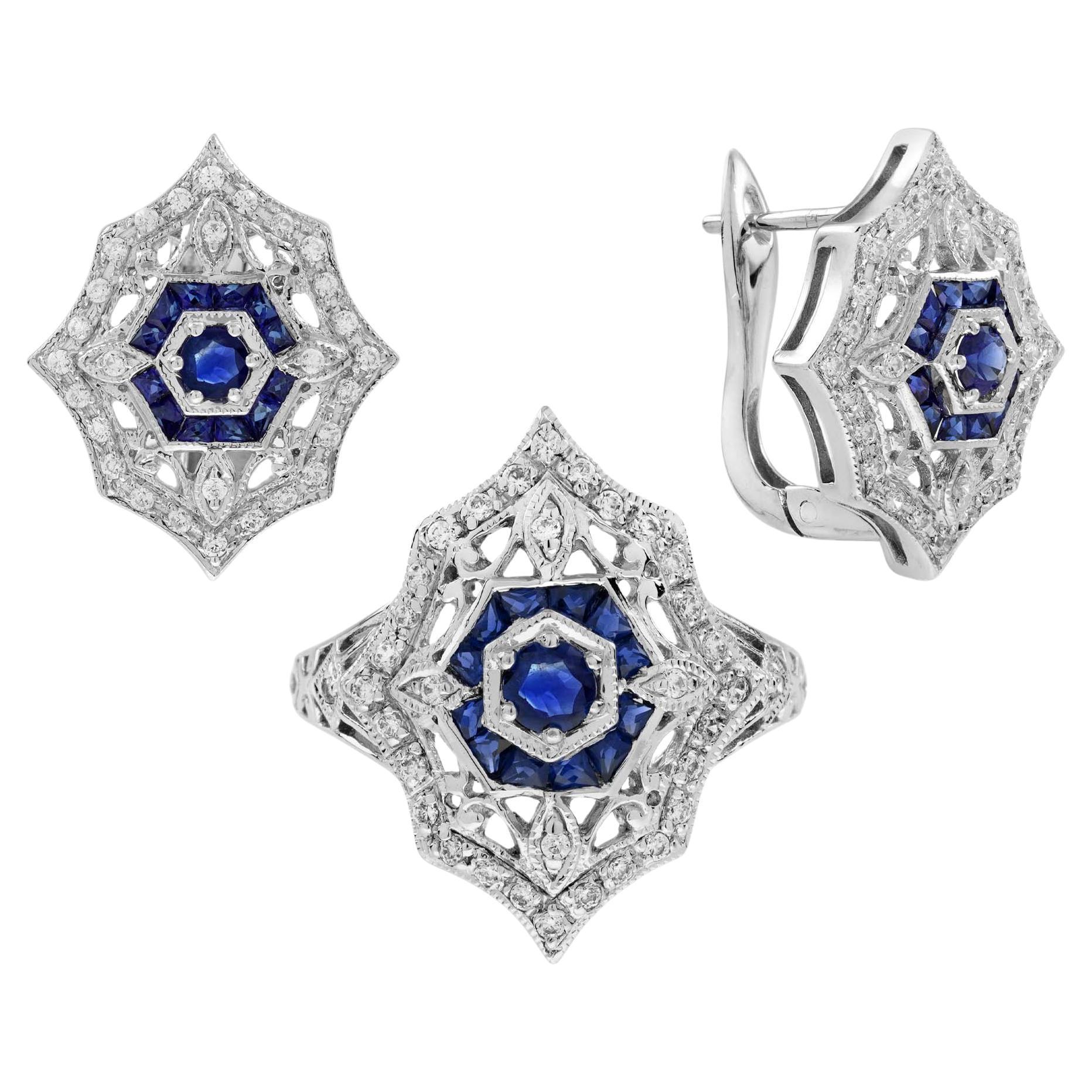 Sapphire and Diamond Art Deco Style Ring and Earrings Jewelry Set in 14K Gold