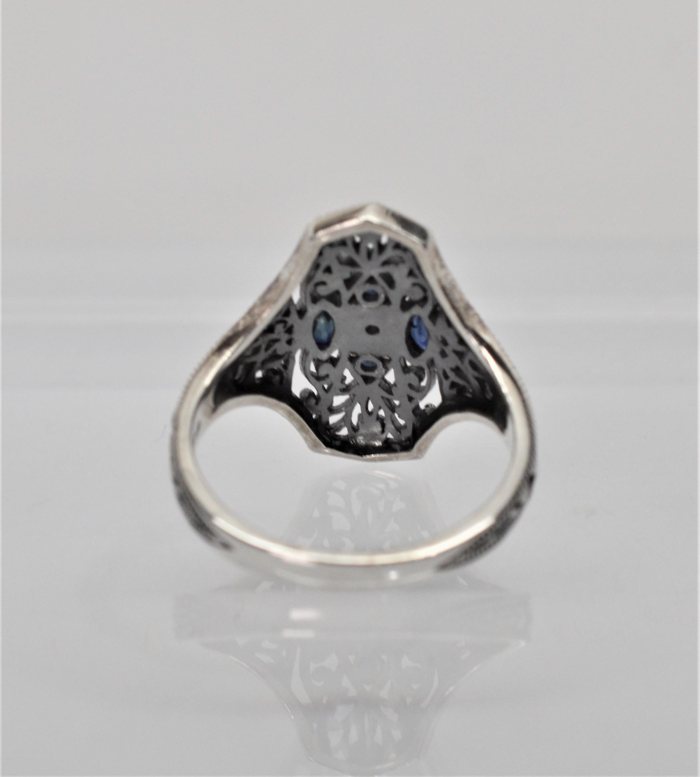 Mixed Cut Sapphire and Diamond Art Deco Style Sterling Silver Filigree Ring For Sale