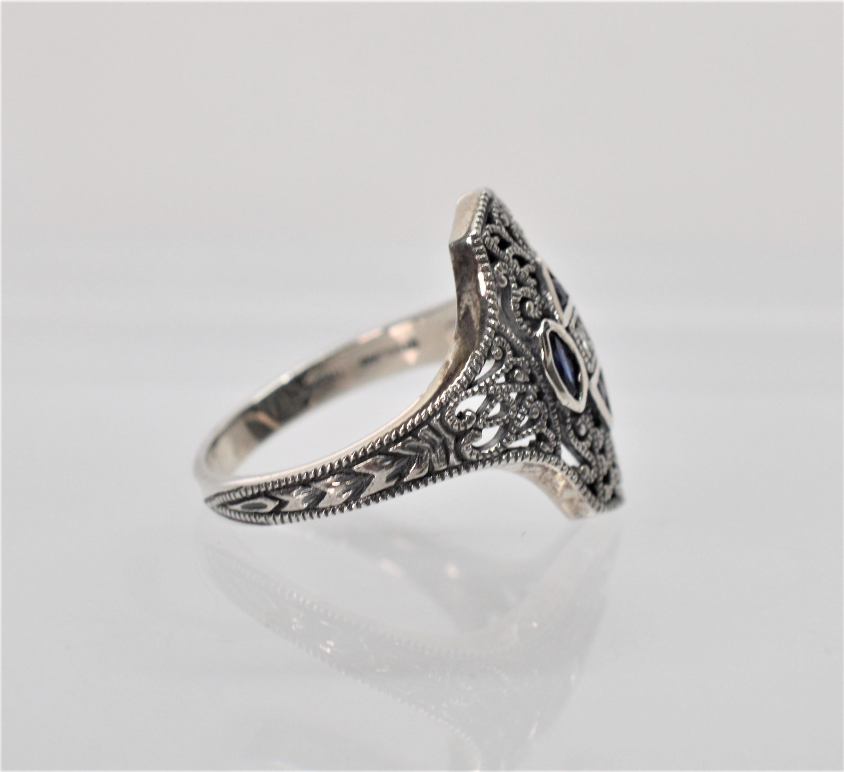 Sapphire and Diamond Art Deco Style Sterling Silver Filigree Ring In New Condition For Sale In Mount Kisco, NY