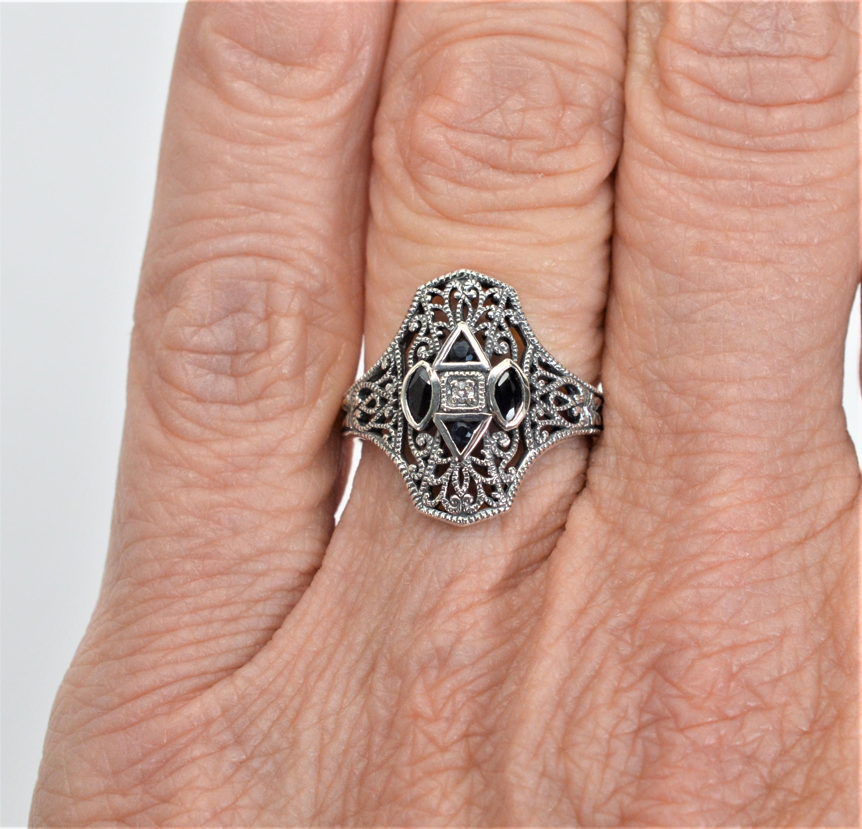 Women's Sapphire and Diamond Art Deco Style Sterling Silver Filigree Ring For Sale
