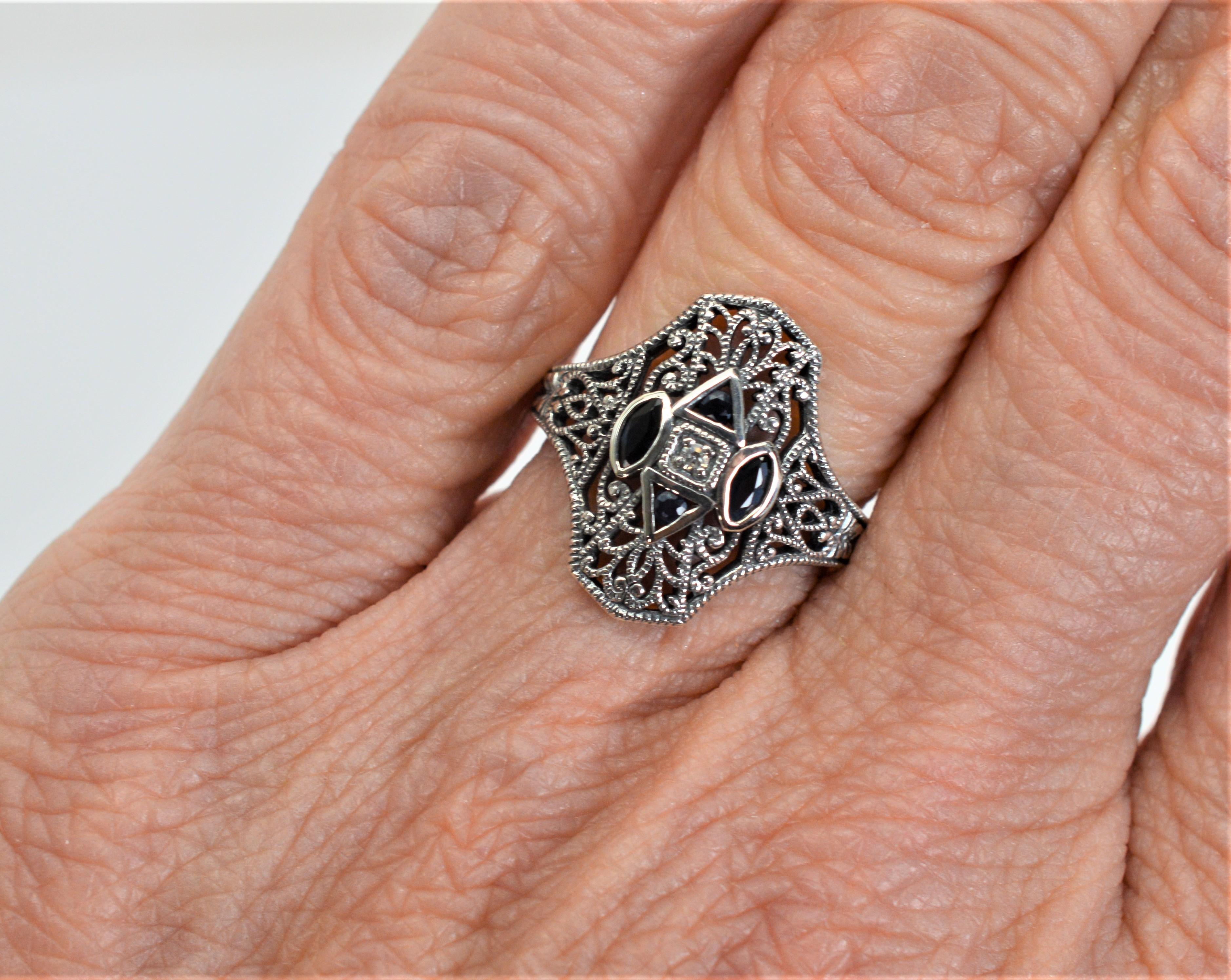 Sapphire and Diamond Art Deco Style Sterling Silver Filigree Ring For Sale 1