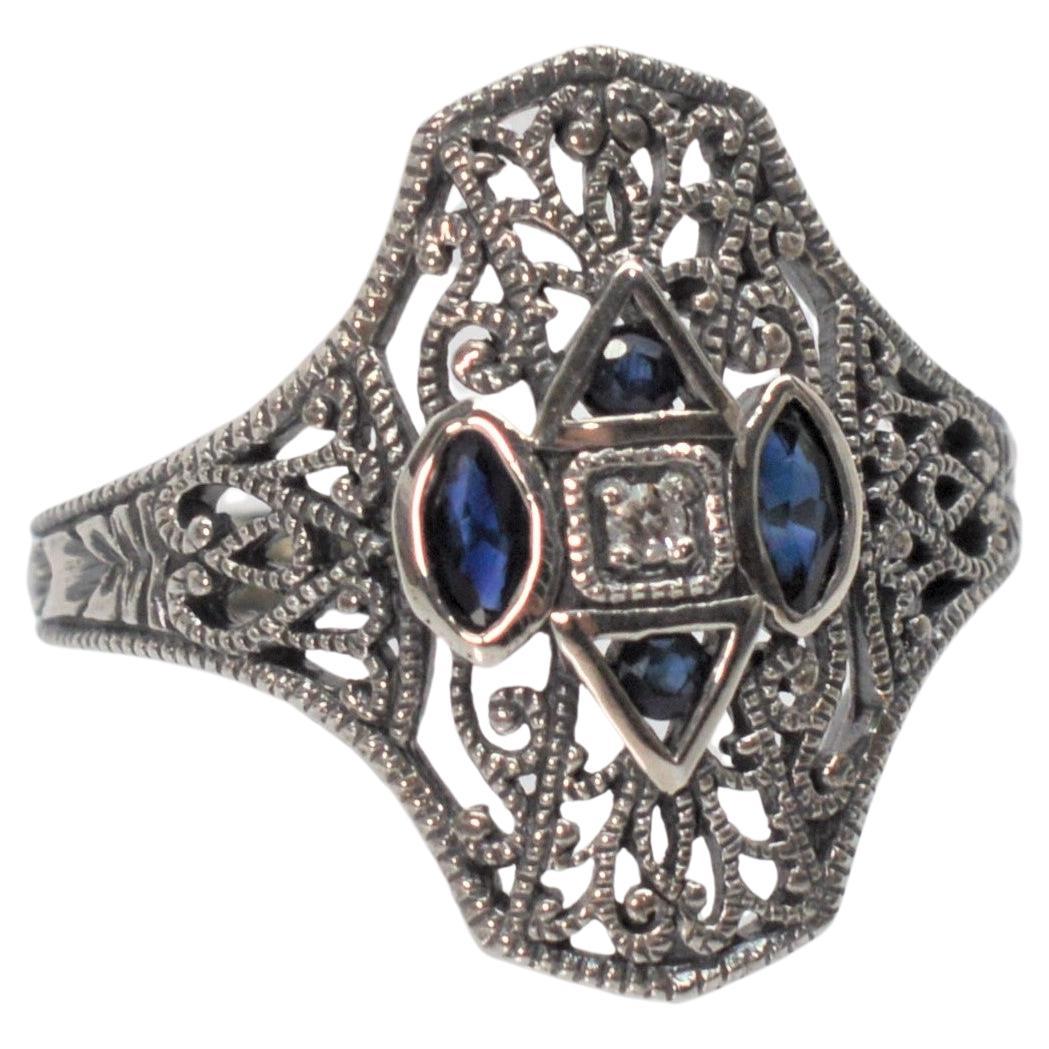 Sapphire and Diamond Art Deco Style Sterling Silver Filigree Ring For Sale