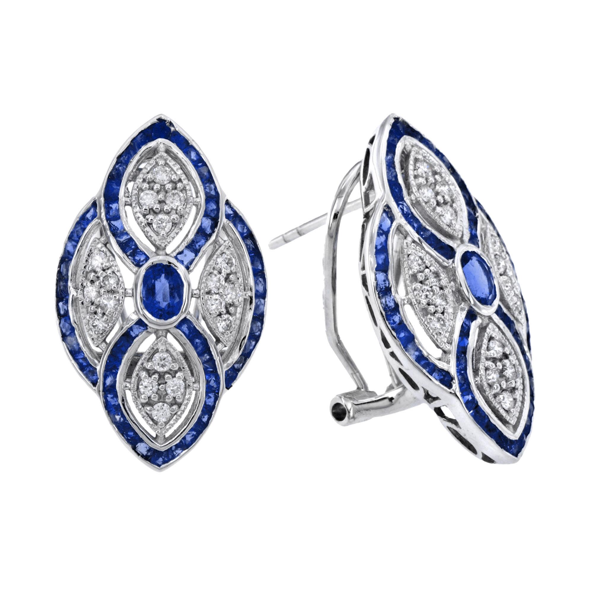 Sapphire and Diamond Art Deco Style Stud Earrings in 14K White Gold For Sale