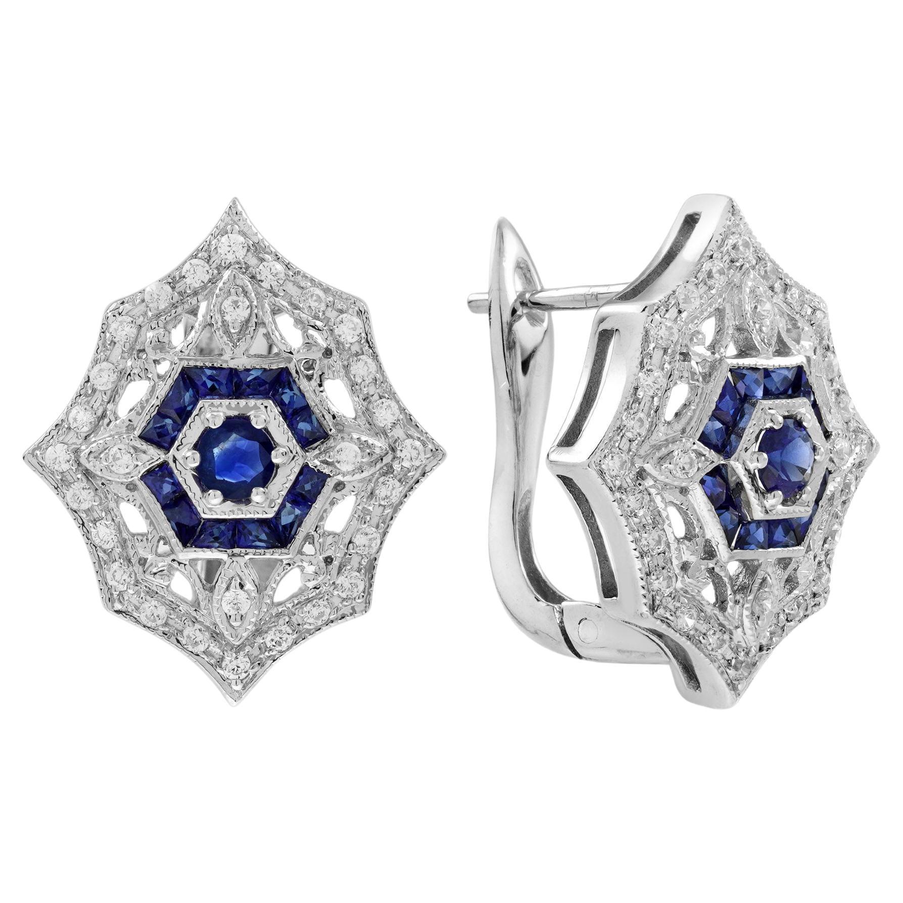 Sapphire and Diamond Art Deco Style Latch Back Earrings in 14K White Gold