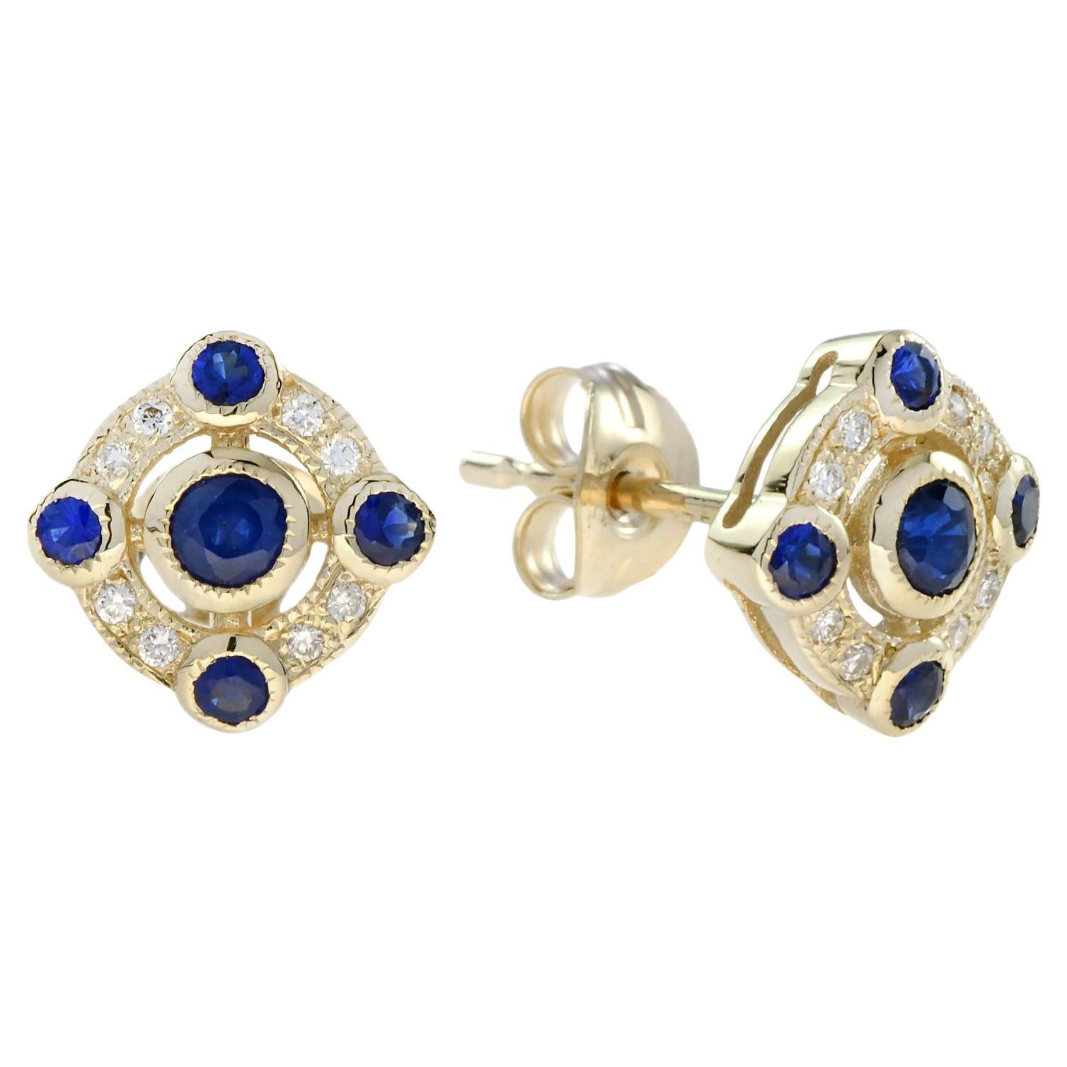 Sapphire and Diamond Art Deco Style Stud Earrings in 9K Yellow Gold