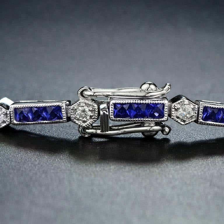 Bracciale tennis in stile Art Déco con zaffiri e diamanti in oro bianco 18 carati in vendita 1