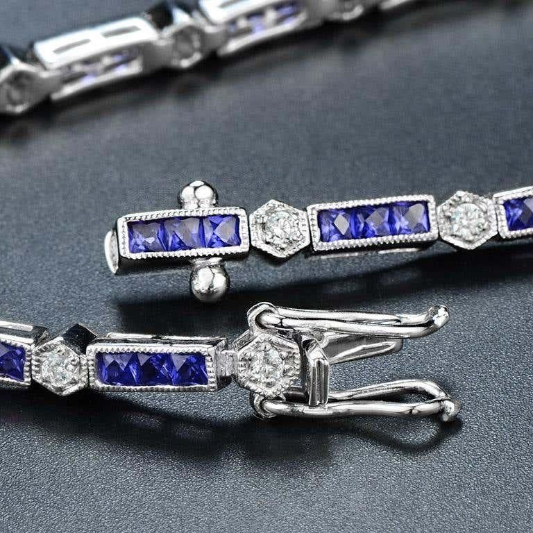 Bracciale tennis in stile Art Déco con zaffiri e diamanti in oro bianco 18 carati in vendita 2