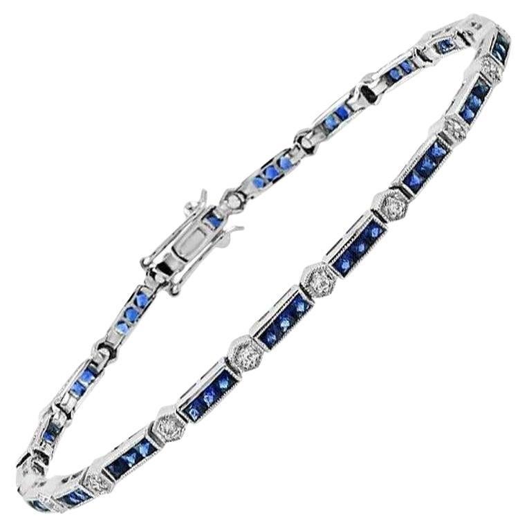 Bracelet de tennis en or blanc 18 carats avec saphirs et diamants de style Art déco