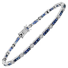 Bracciale tennis in stile Art Déco con zaffiri e diamanti in oro bianco 18 carati