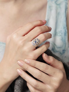 Sapphire and Diamond Art Deco Style Three Stone Dinner Ring in 14K White Gold