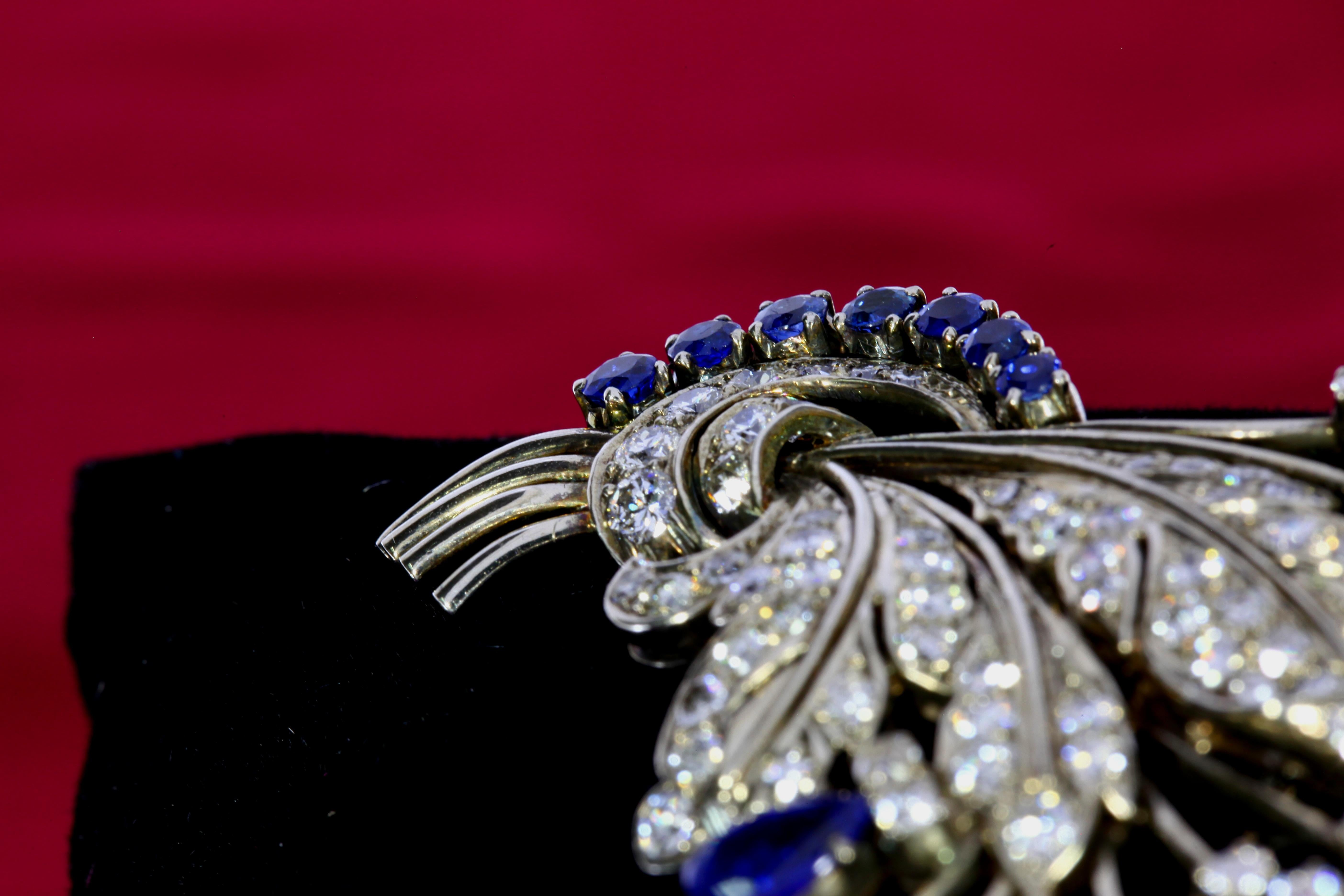 Round Cut Sapphire and Diamond Art Nouveau Brooch For Sale
