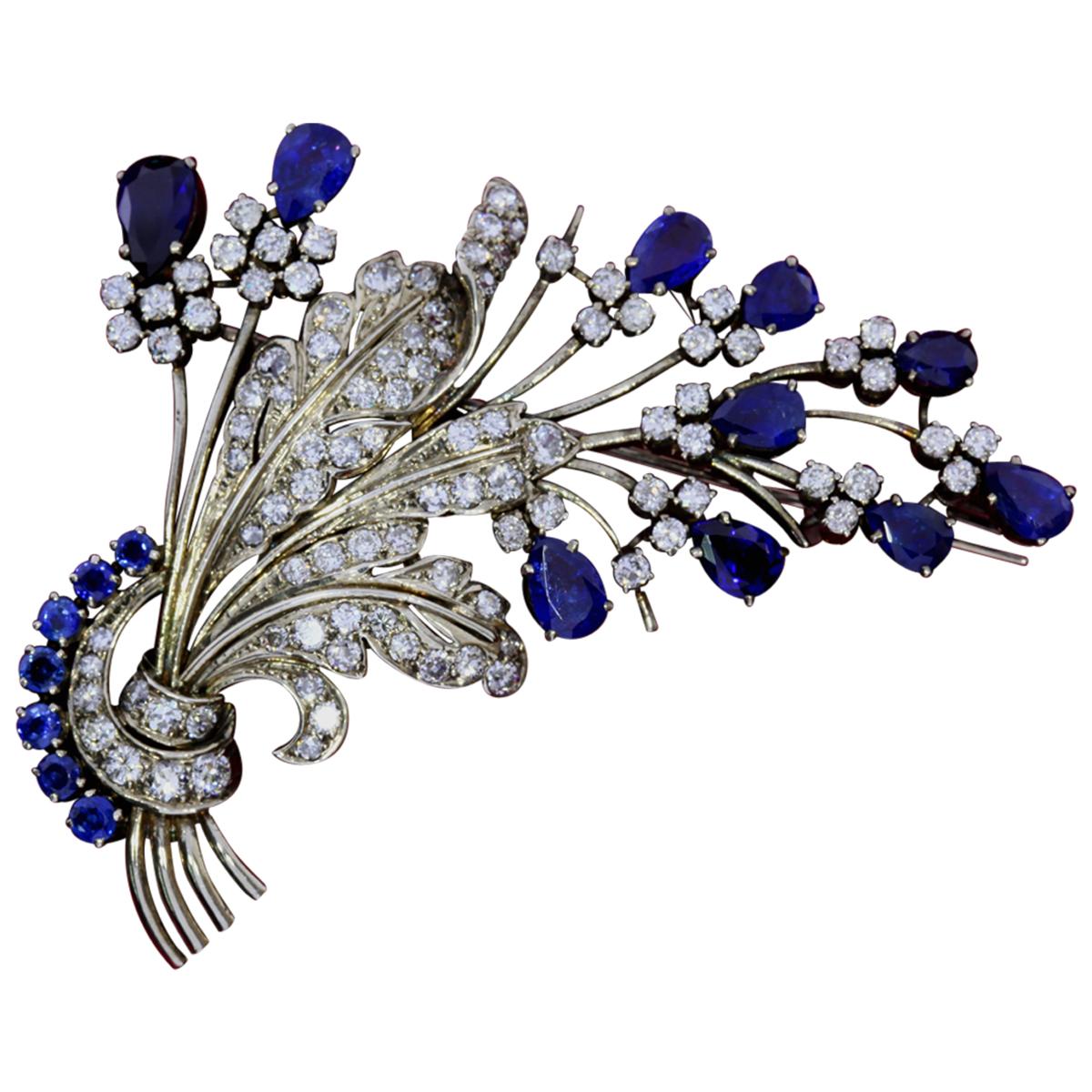 Sapphire and Diamond Art Nouveau Brooch For Sale