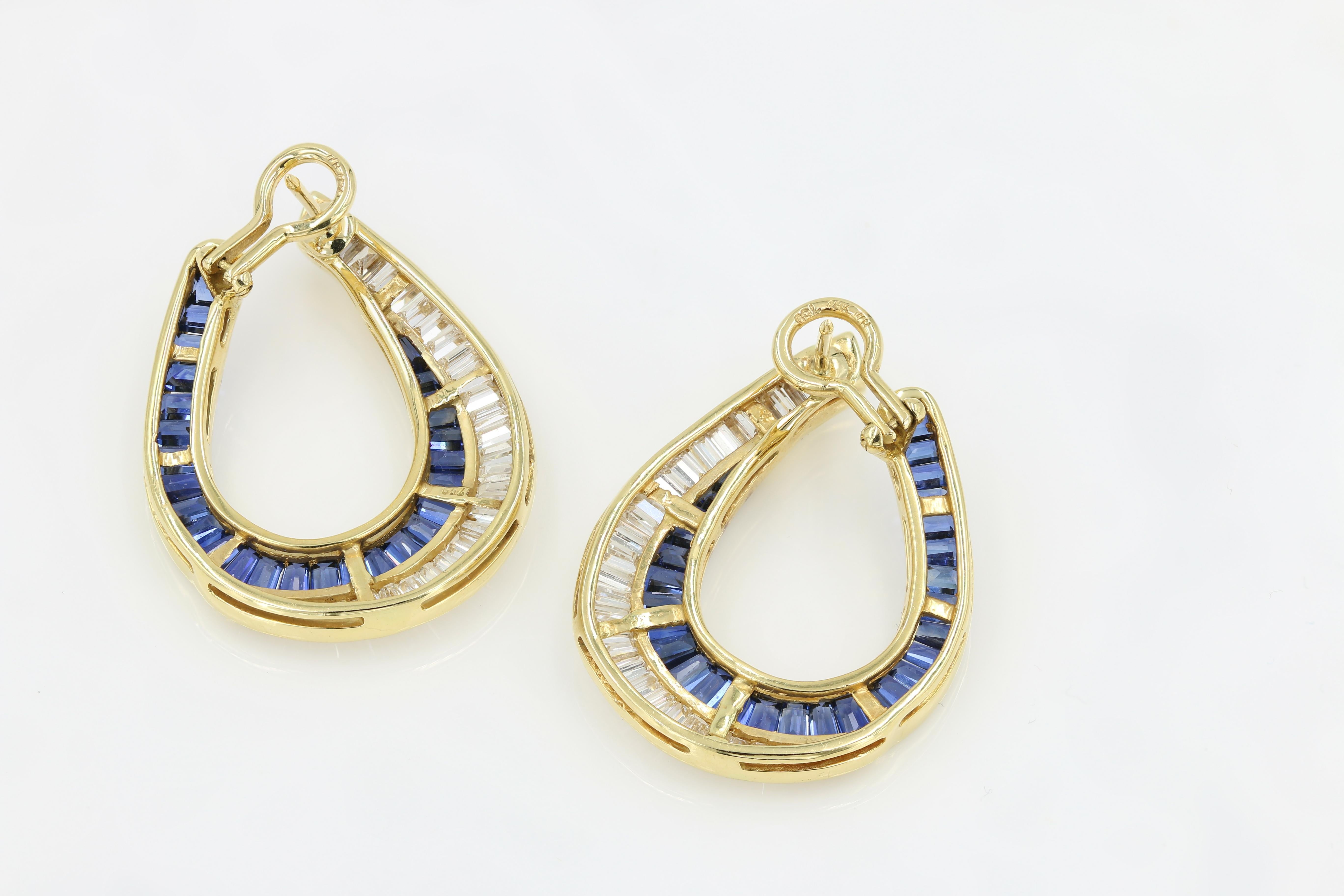 Baguette Cut Sapphire and Diamond Baguette Earrings in 18 Karat Yellow Gold