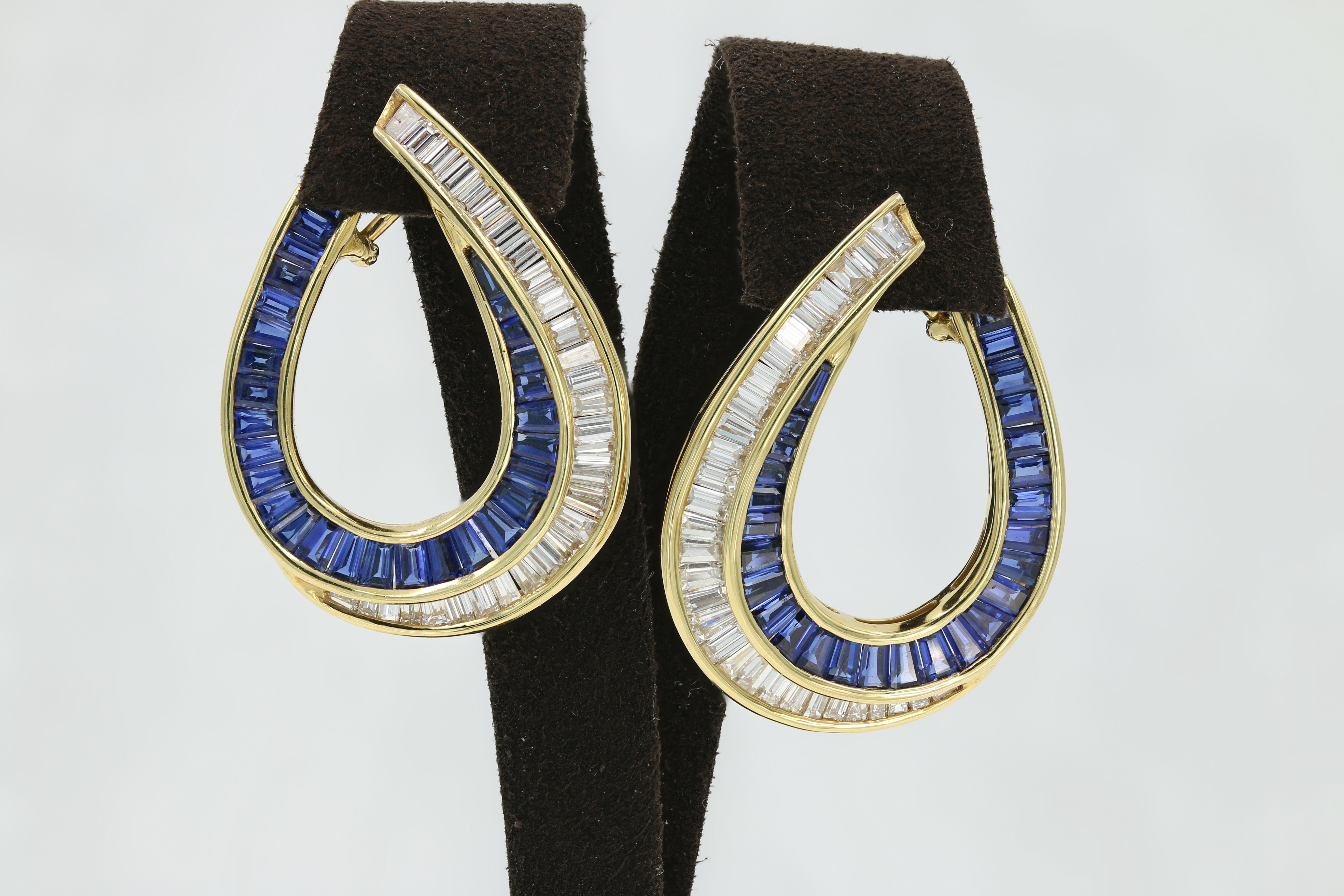 Sapphire and Diamond Baguette Earrings in 18 Karat Yellow Gold In Excellent Condition In Chicago, IL