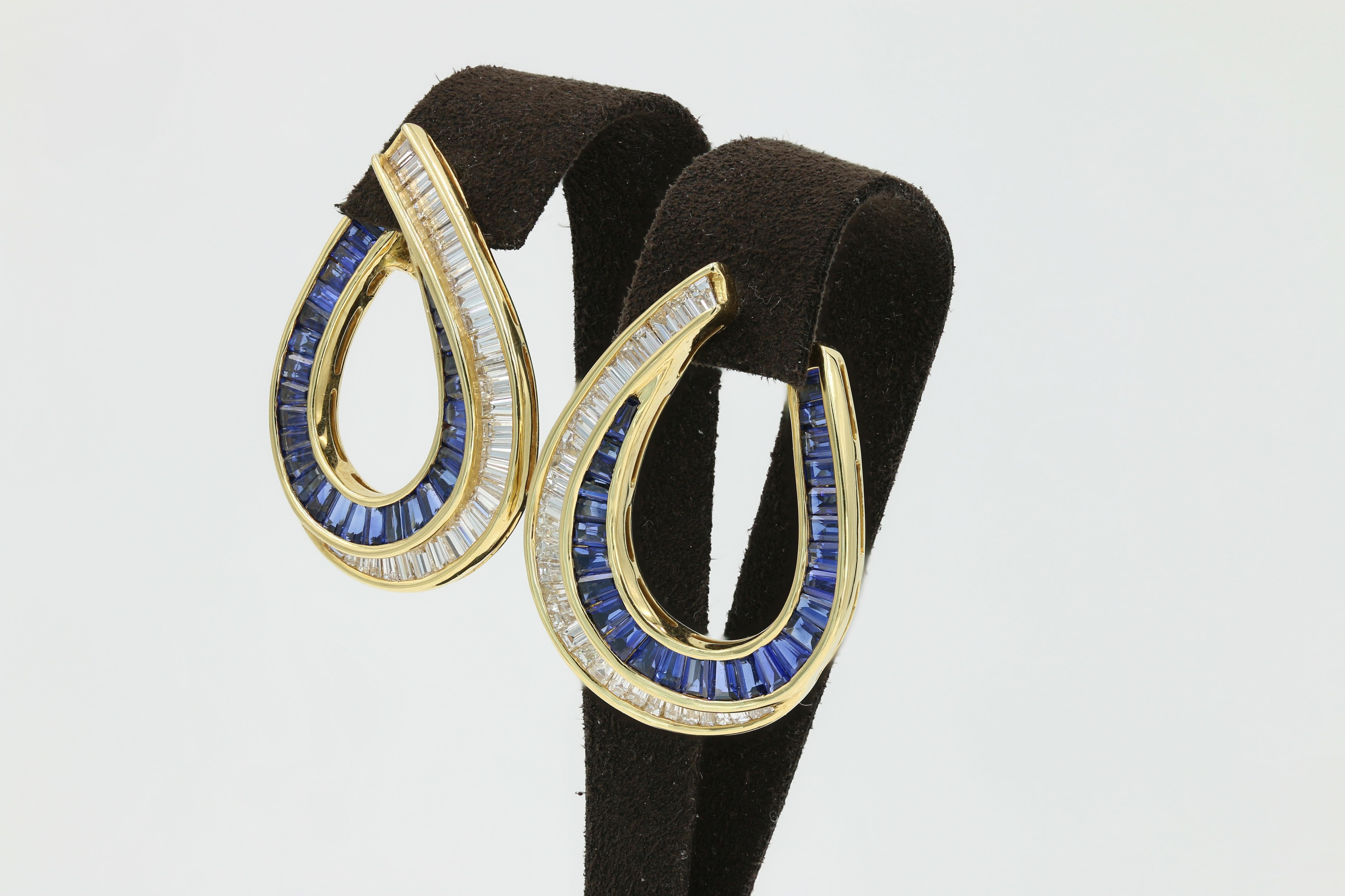 Women's Sapphire and Diamond Baguette Earrings in 18 Karat Yellow Gold