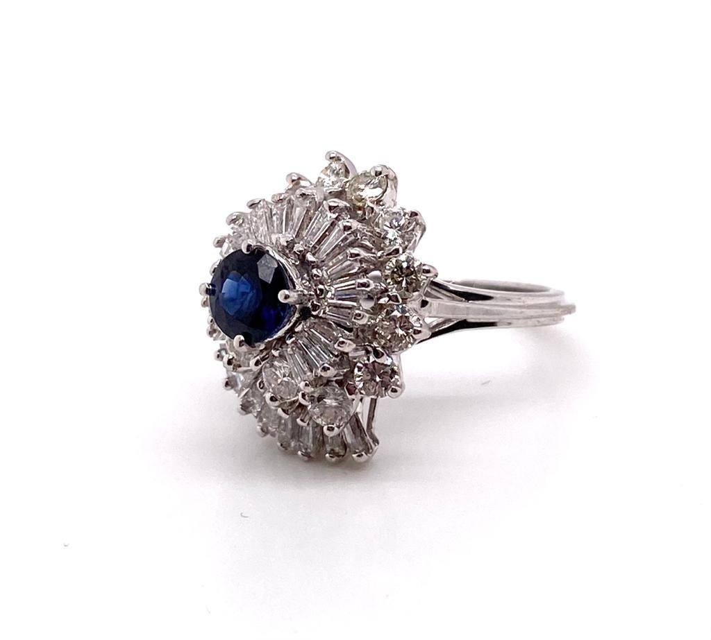 0.97 carat round sapphire is mounted as a center stone of the ring and is surrounded by brilliant round and baguette diamonds as a ballerina style. This ring is so stunning and the handcraft is very detailed and neat. One of the must-have