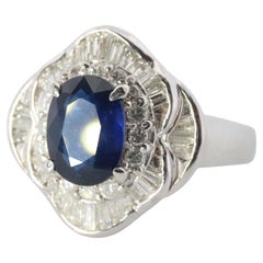 Bague Ballerina en saphir et diamant. Bague HALO en platine, saphir bleu naturel