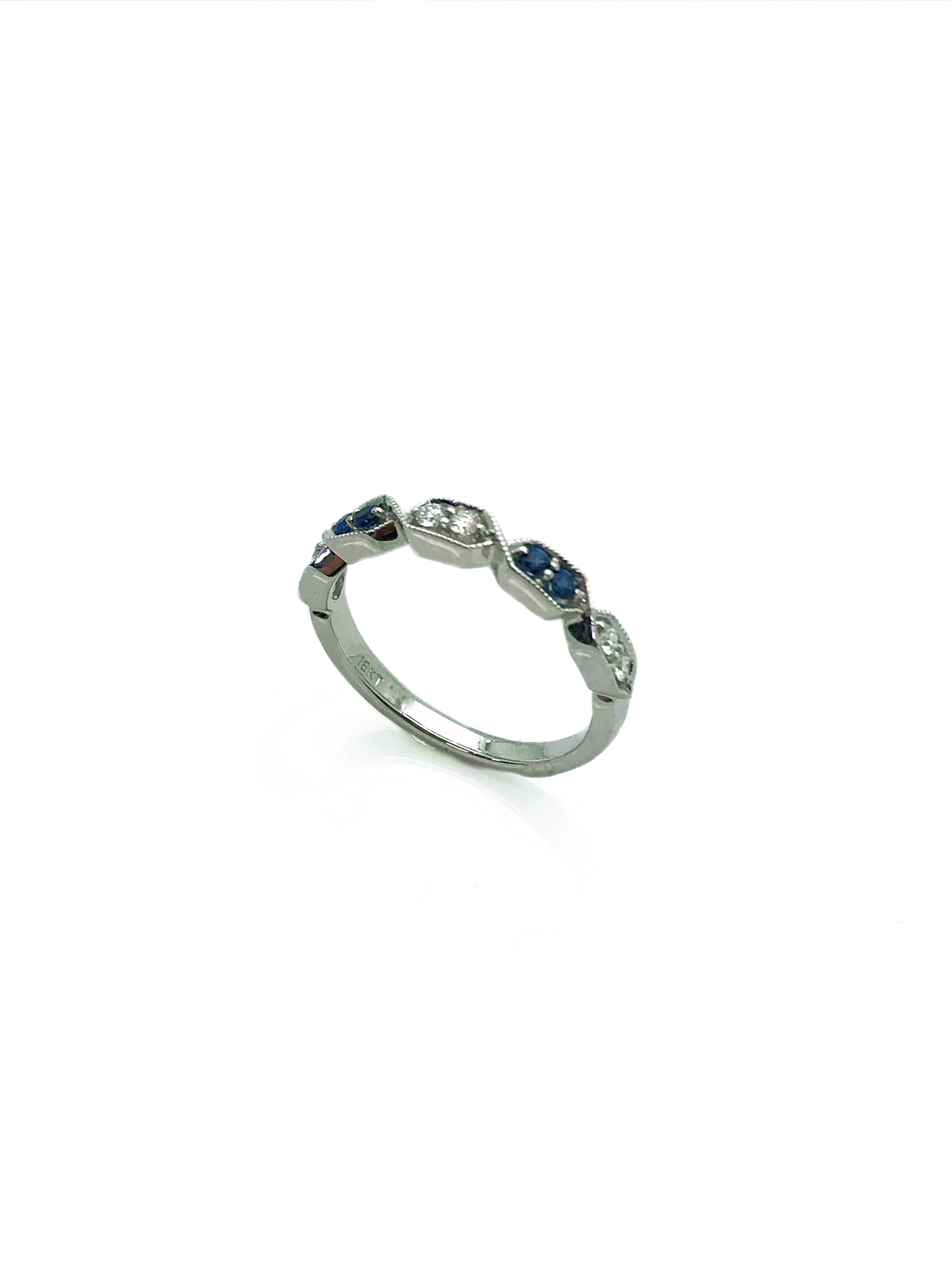 Round Cut Sapphire and Diamond Band Ring, White Gold, Anniversary Band For Sale