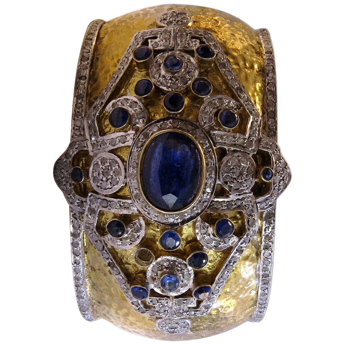 Vintage Sapphire and Diamond Bangle Bracelet 18 Karat Gold on Silver For Sale