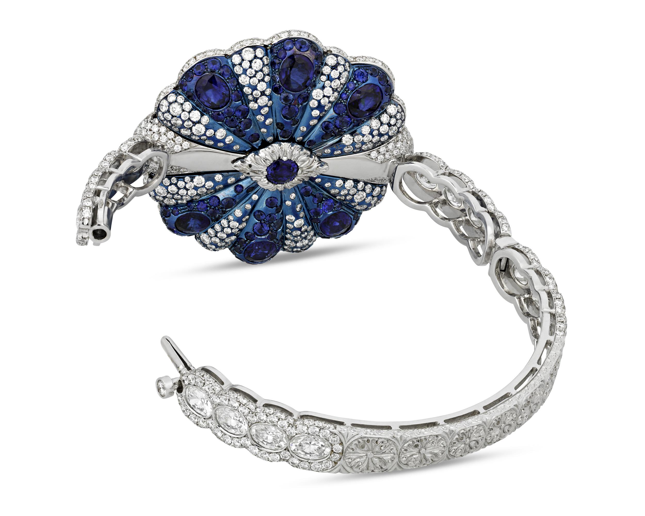 Contemporary Sapphire and Diamond Bangle Bracelet