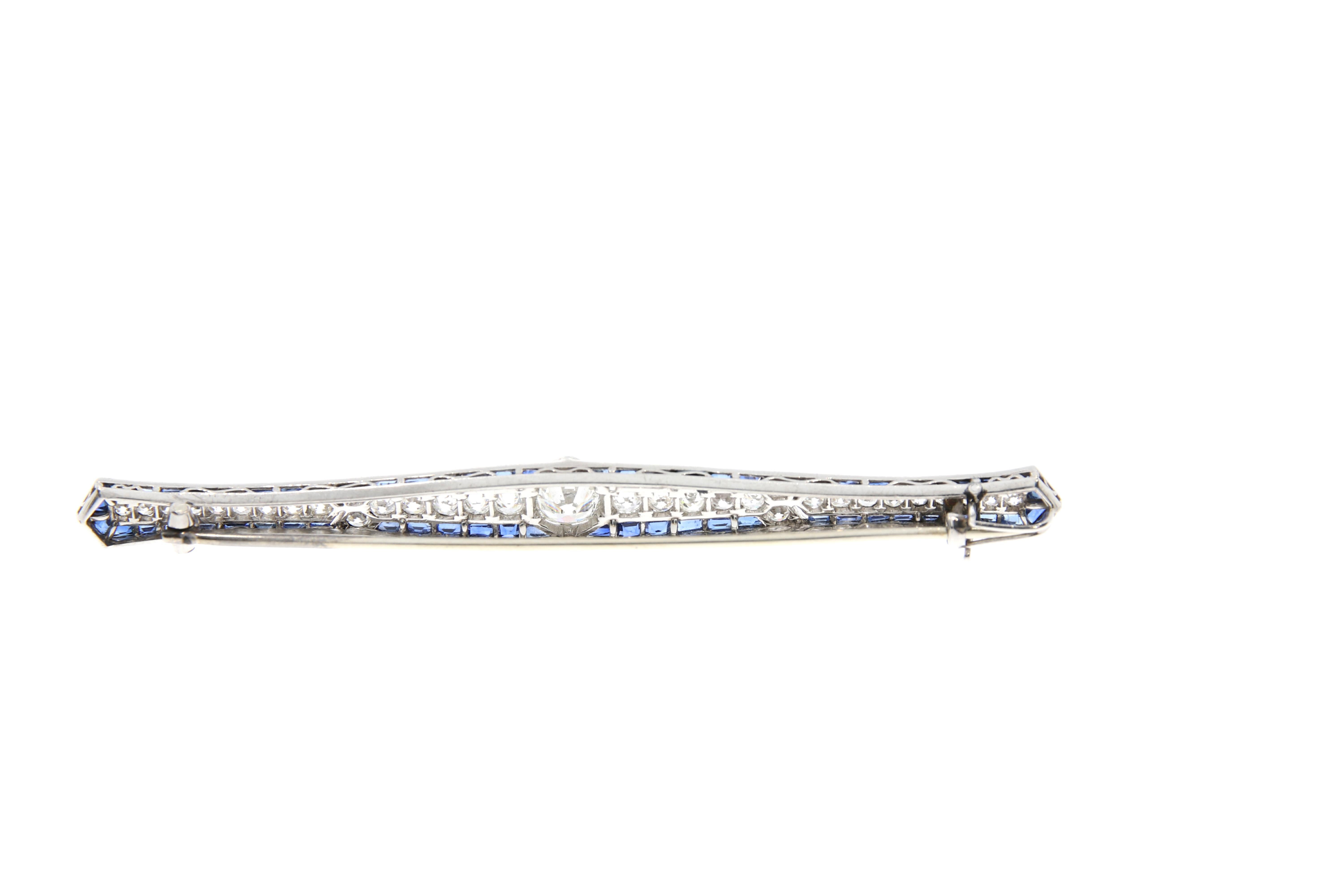 Round Cut Sapphire and Diamond Bar Brooch For Sale