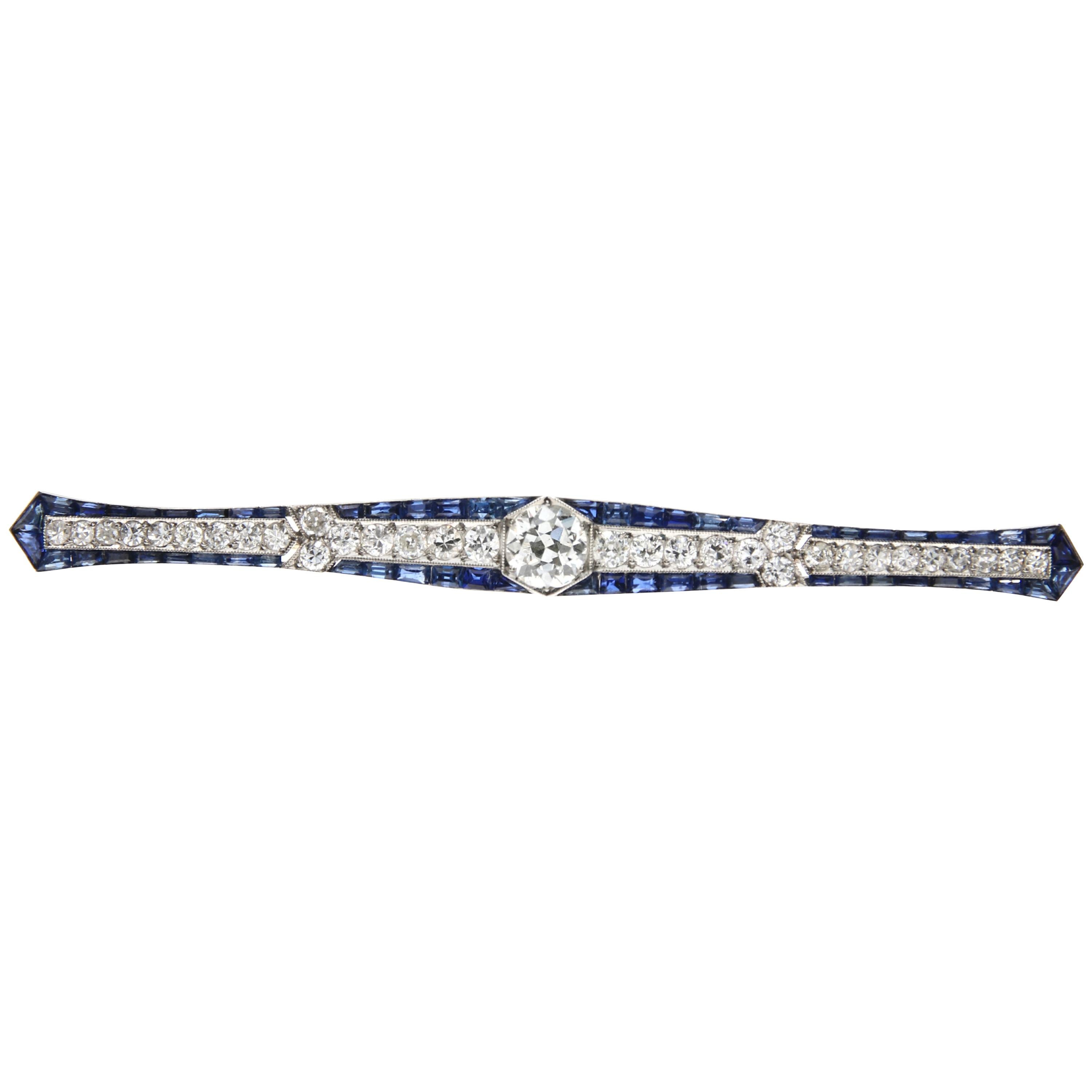 Sapphire and Diamond Bar Brooch For Sale
