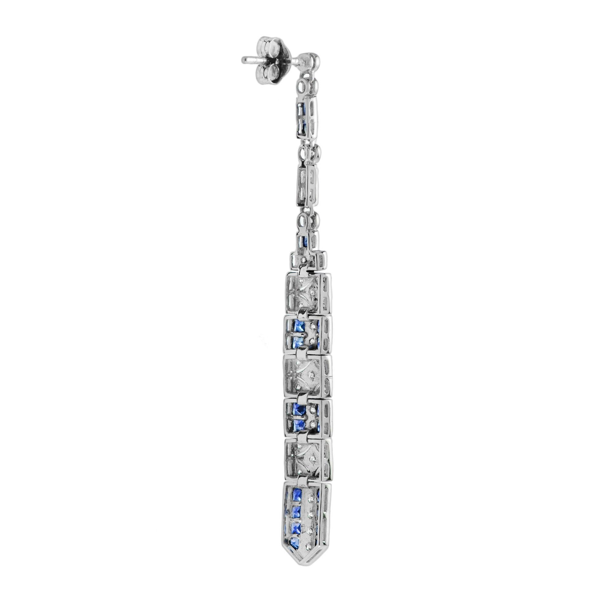 Art Deco Sapphire and Diamond Bar Dangle Earrings in 14K White Gold For Sale