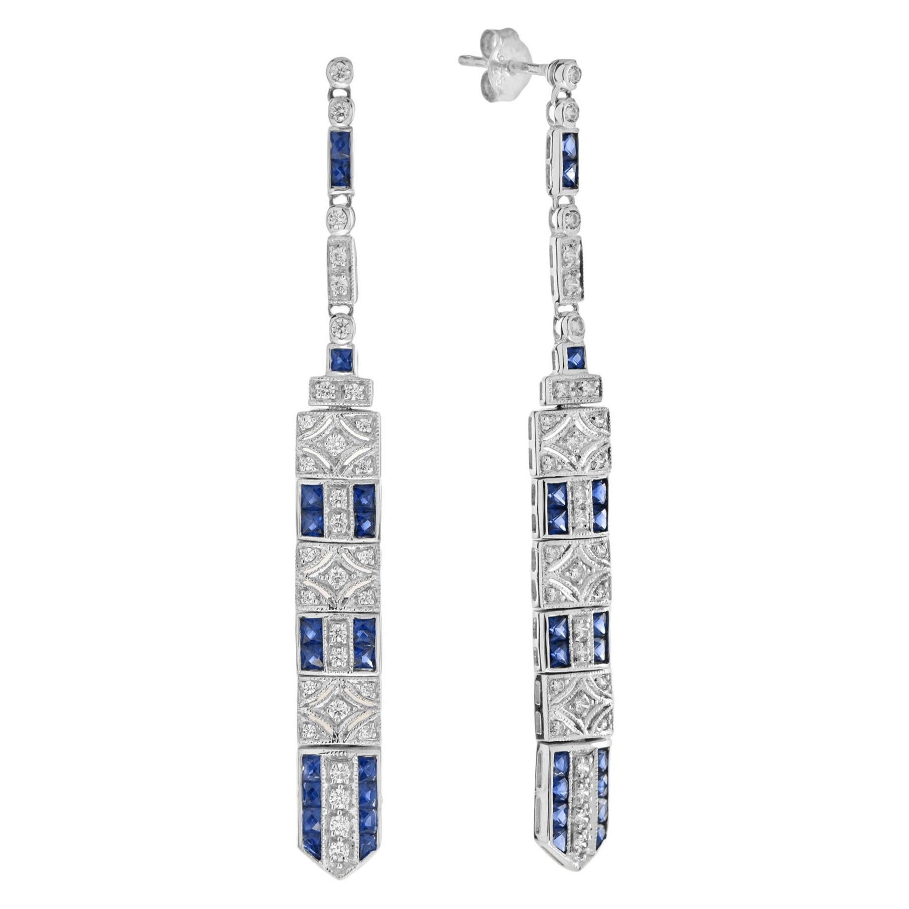 Pendientes colgantes de barra de zafiro y diamante en oro blanco de 14 quilates