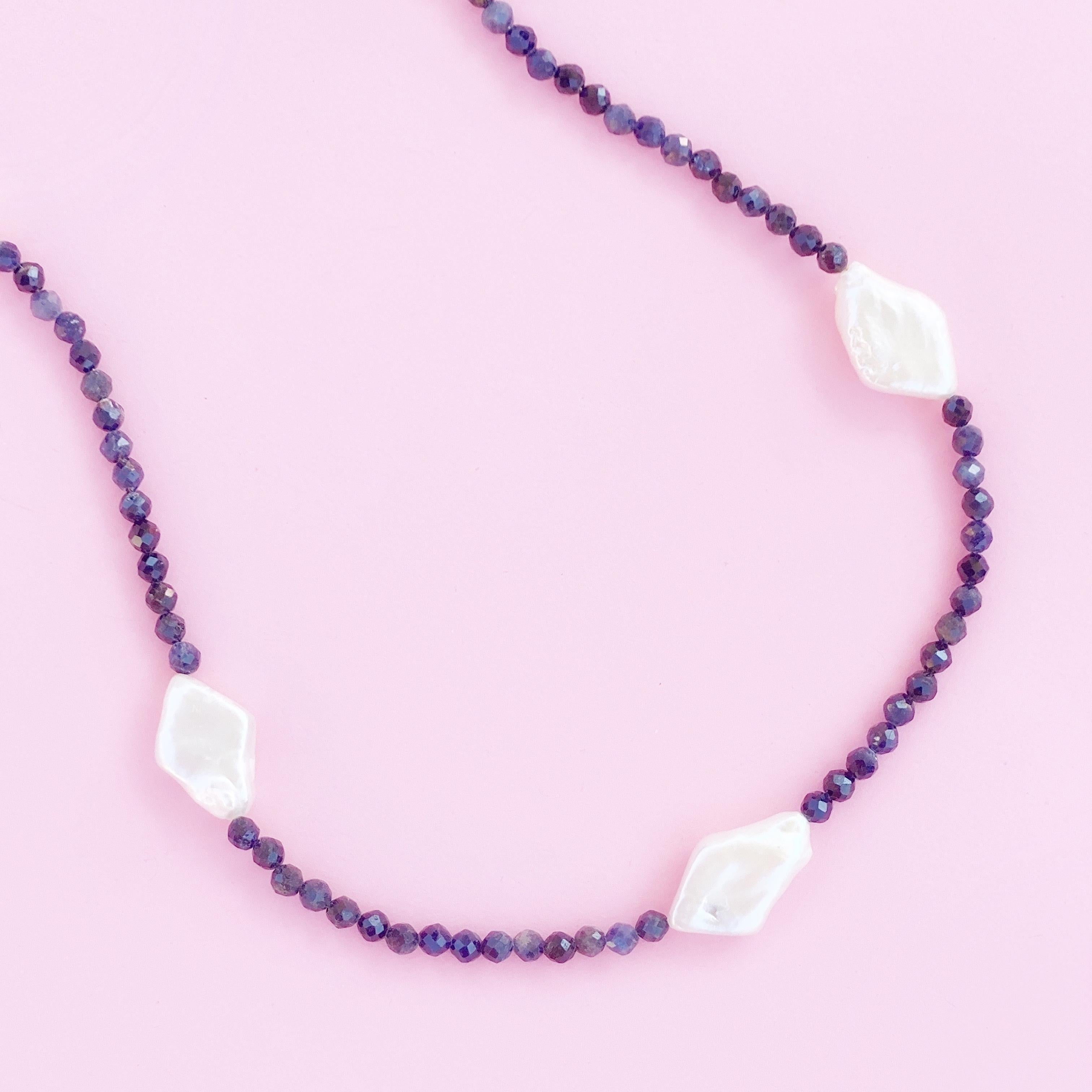 Modern Sapphire And Diamond Baroque Pearl Gemstone Necklace For Sale
