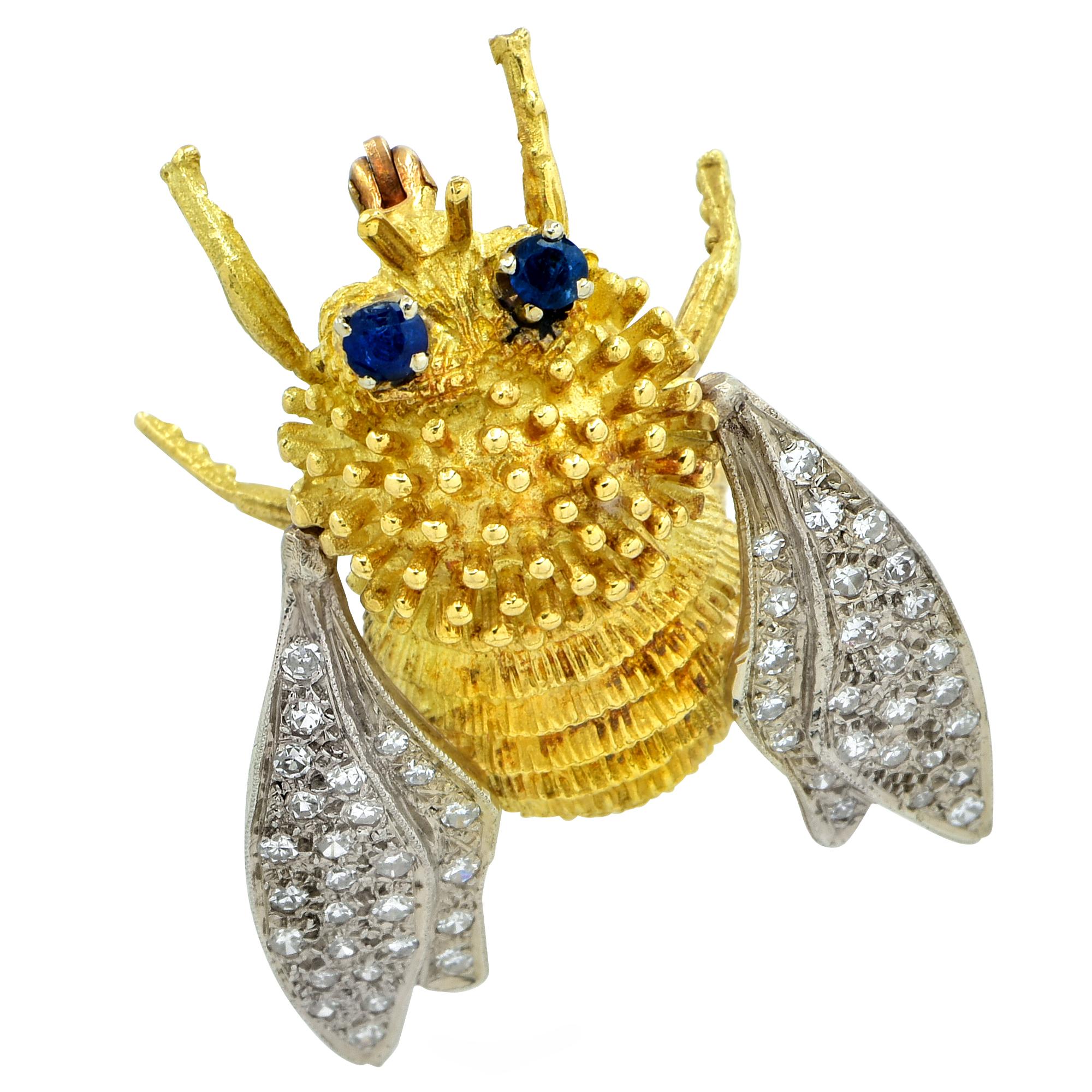 Modern Sapphire and Diamond Bee Brooch Pin