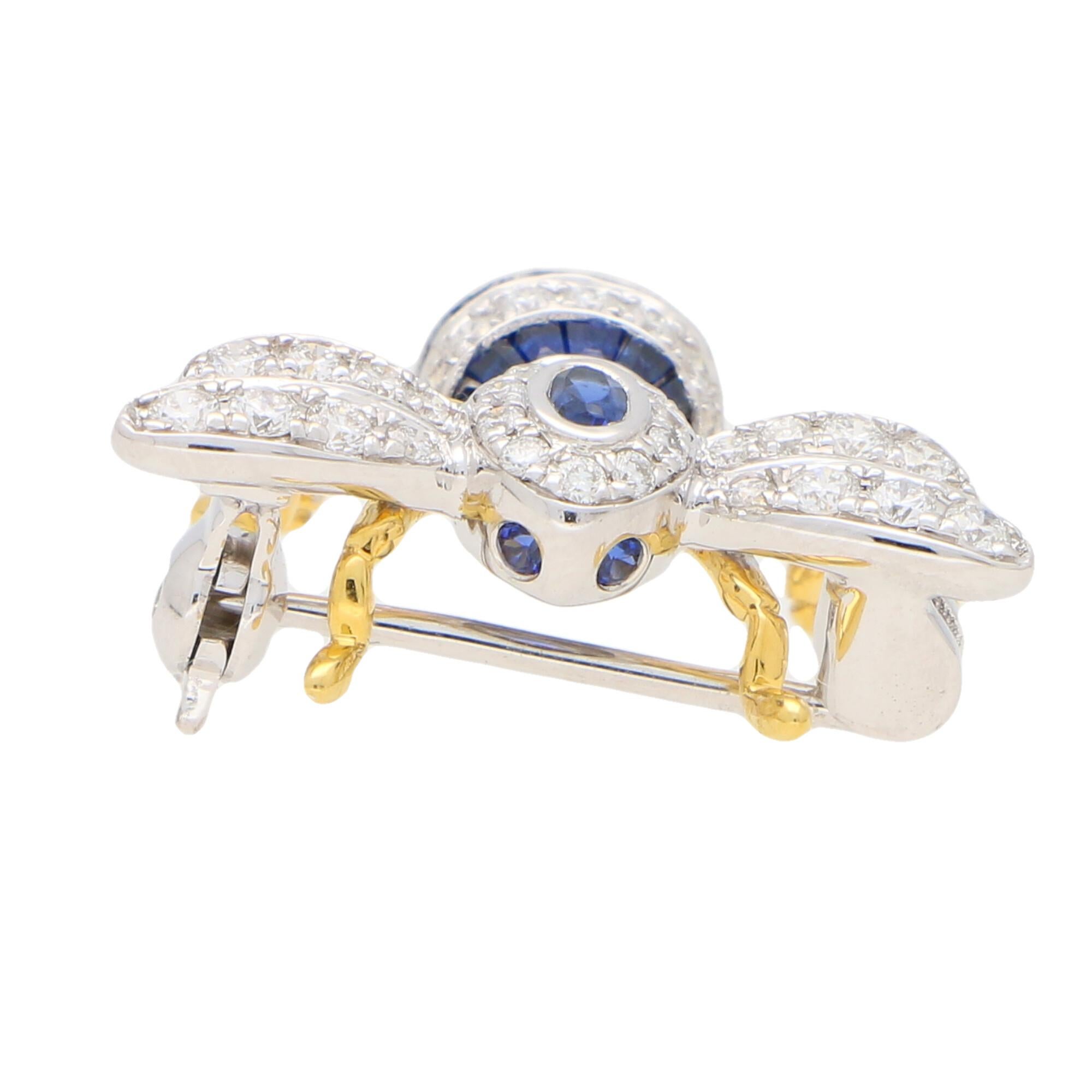 Round Cut Sapphire and Diamond Bee Brooch Set in 18 Karat Yellow and White Gold For Sale