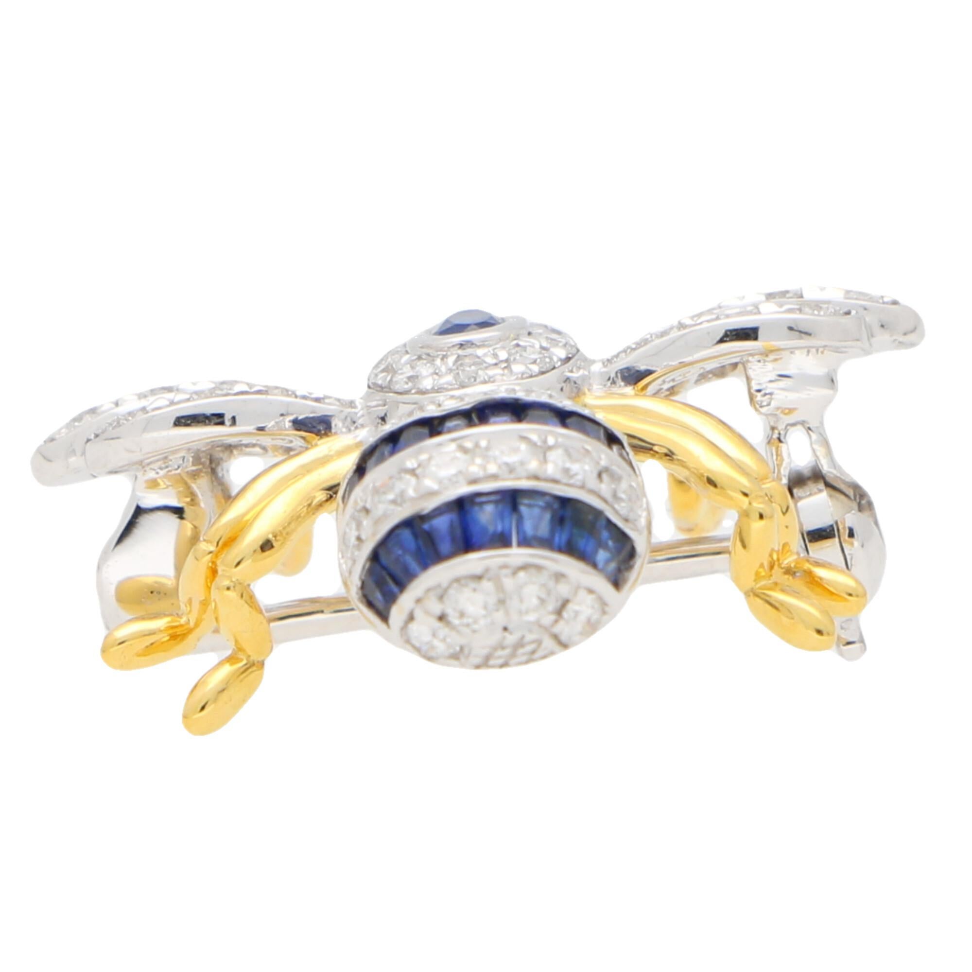 Sapphire and Diamond Bee Brooch Set in 18 Karat Yellow and White Gold For Sale 1