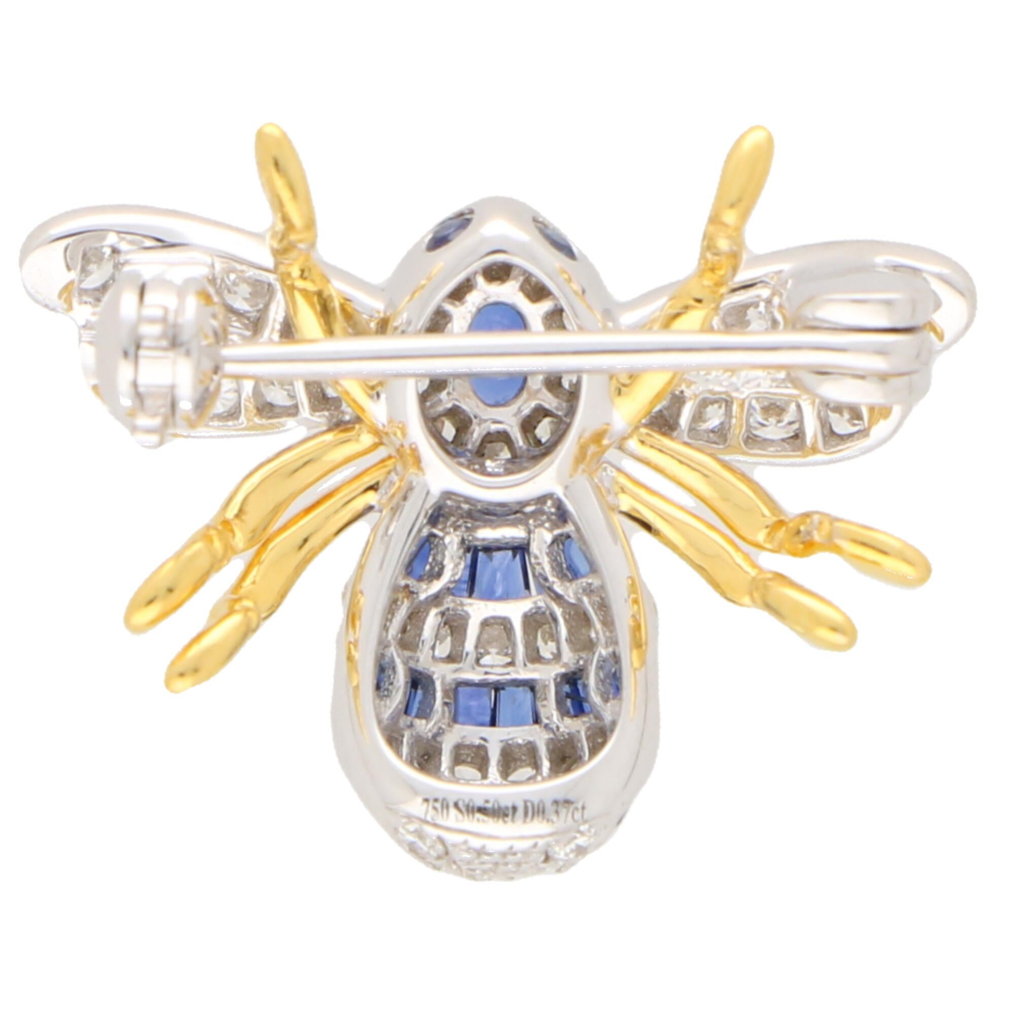 Sapphire and Diamond Bee Brooch Set in 18 Karat Yellow and White Gold For Sale 2