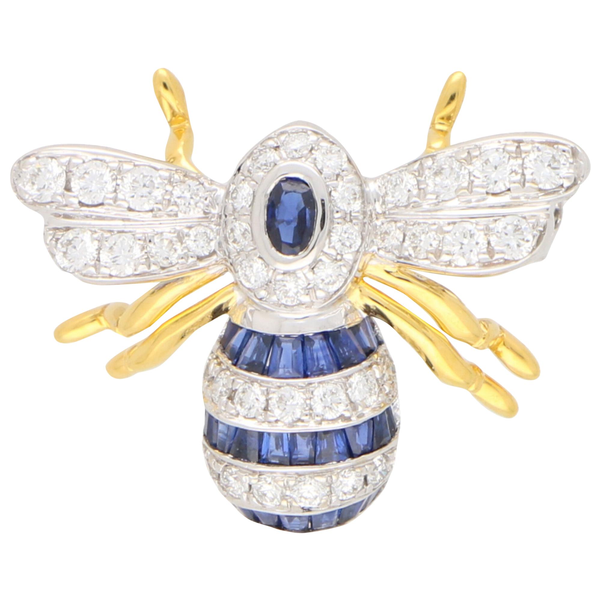 Sapphire and Diamond Bee Brooch Set in 18 Karat Yellow and White Gold For Sale