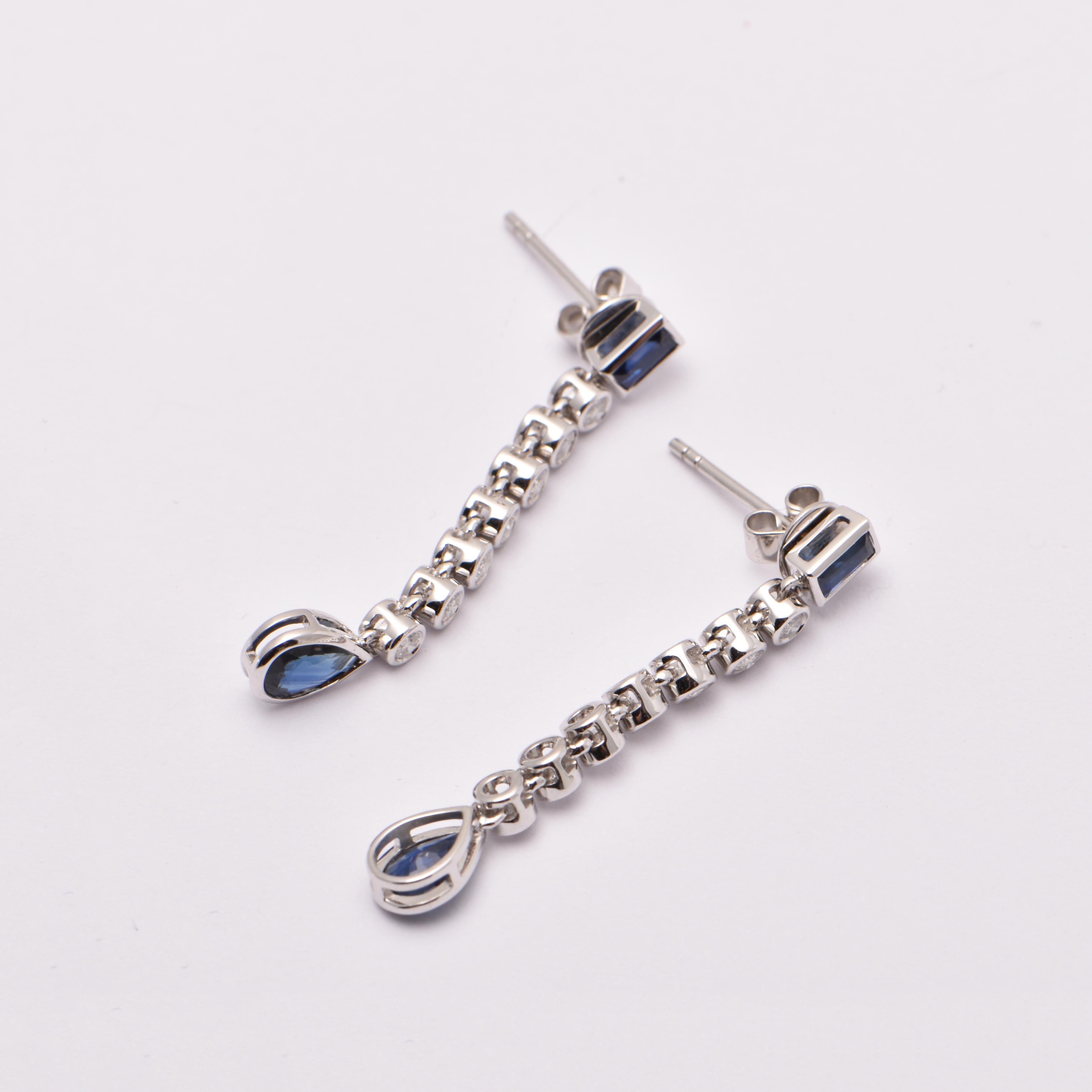 Women's or Men's Sapphire and Diamond Bezel Set Drop Earrings in 18 Carat White Gold For Sale