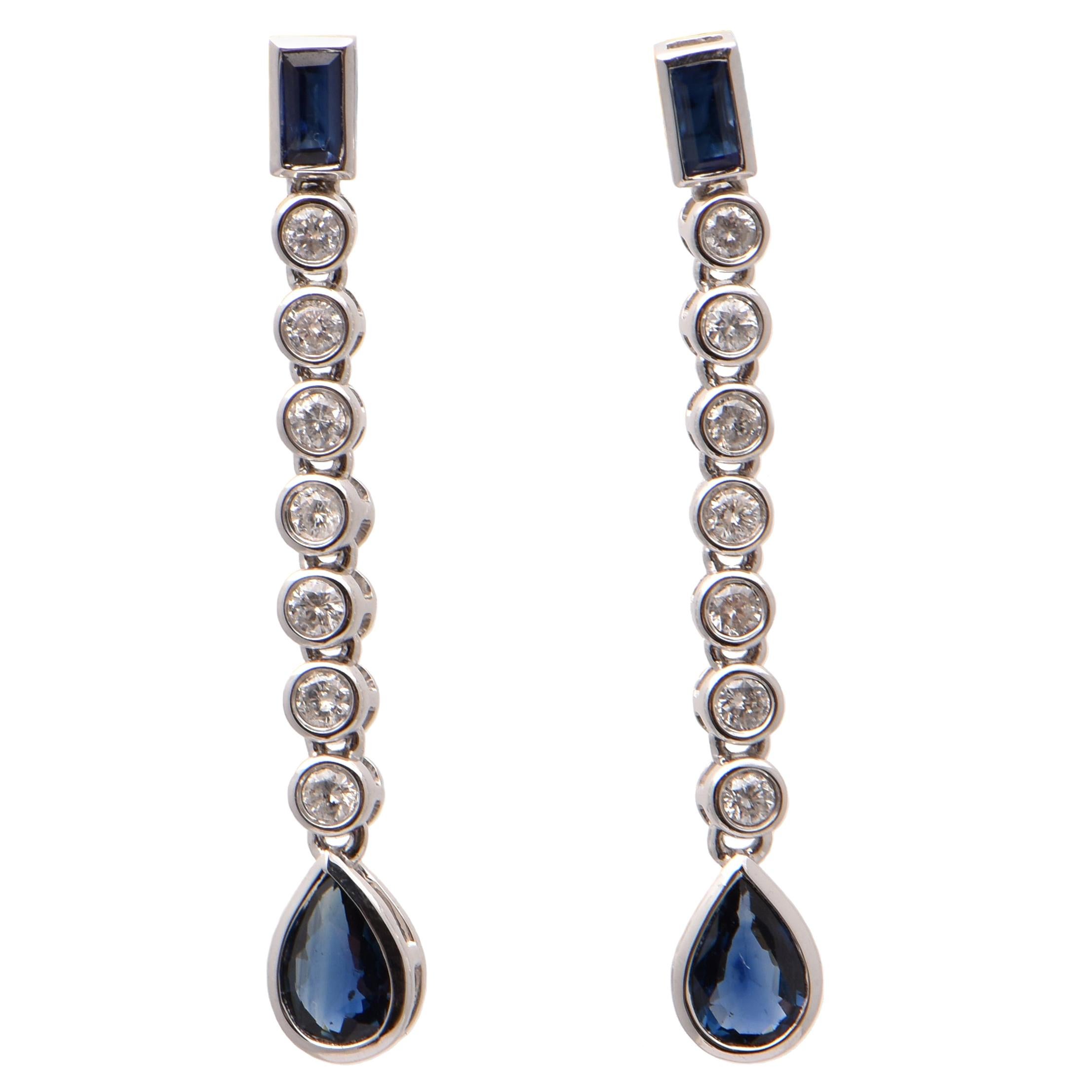 Sapphire and Diamond Bezel Set Drop Earrings in 18 Carat White Gold For Sale
