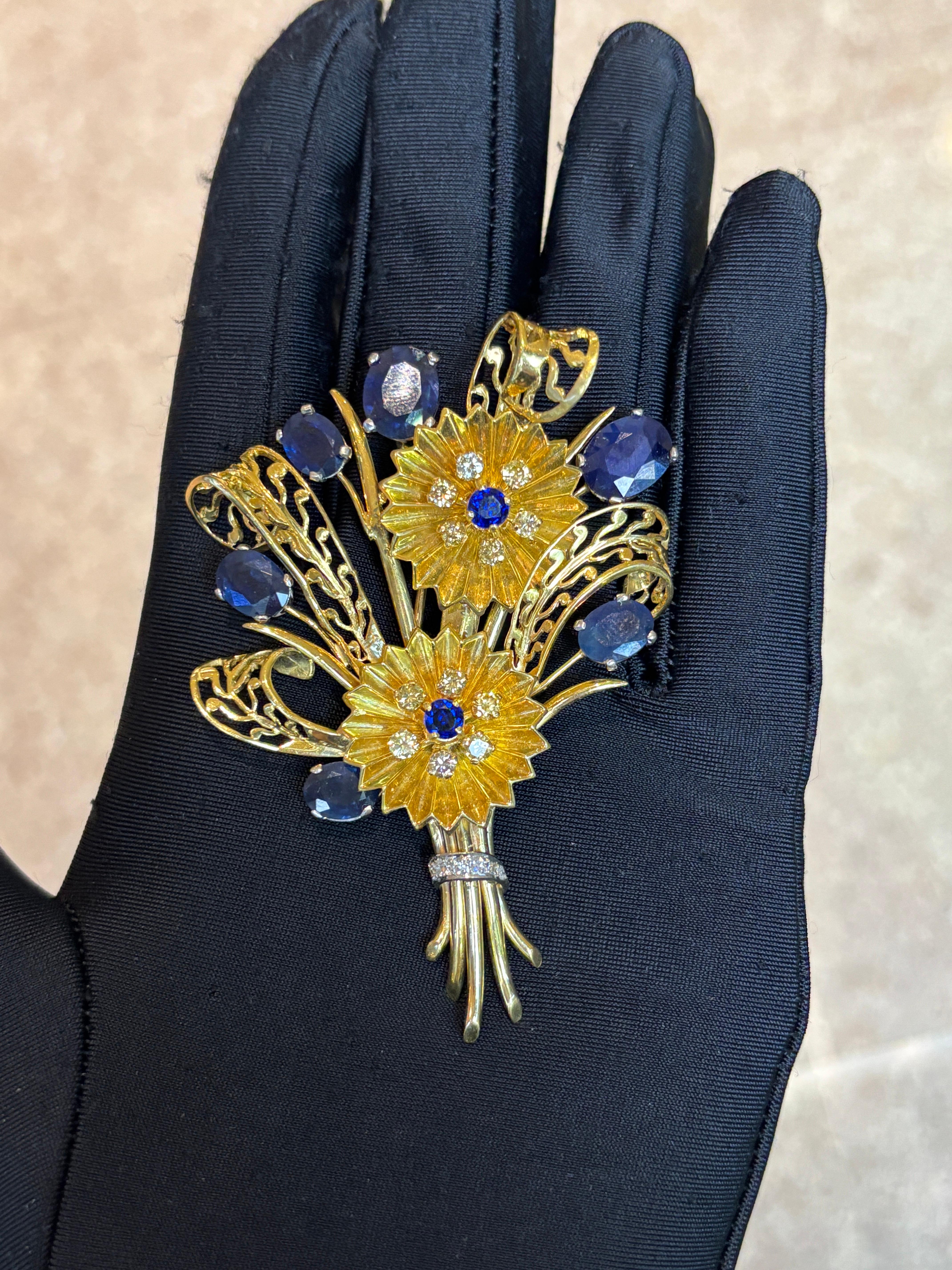 Broche Ramo de zafiros y diamantes Corte mixto en venta