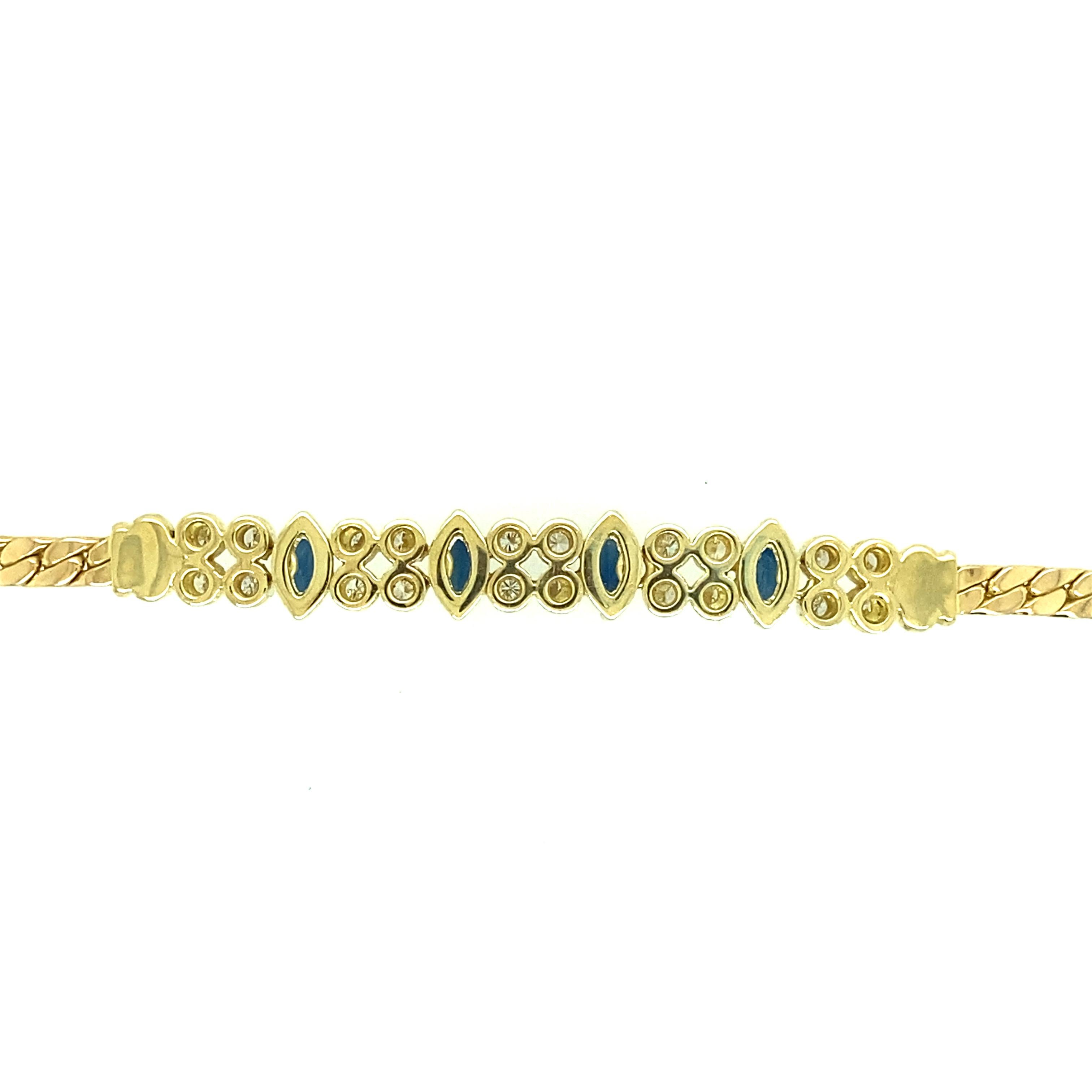 One 14 karat yellow gold ( stamped 750) curb link bracelet set with four 7.5x3mm natural blue marquise cut sapphires and twenty round brilliant cut diamonds with matching I/J color and SI clarity. The bracelet measures 7 inches long and is complete