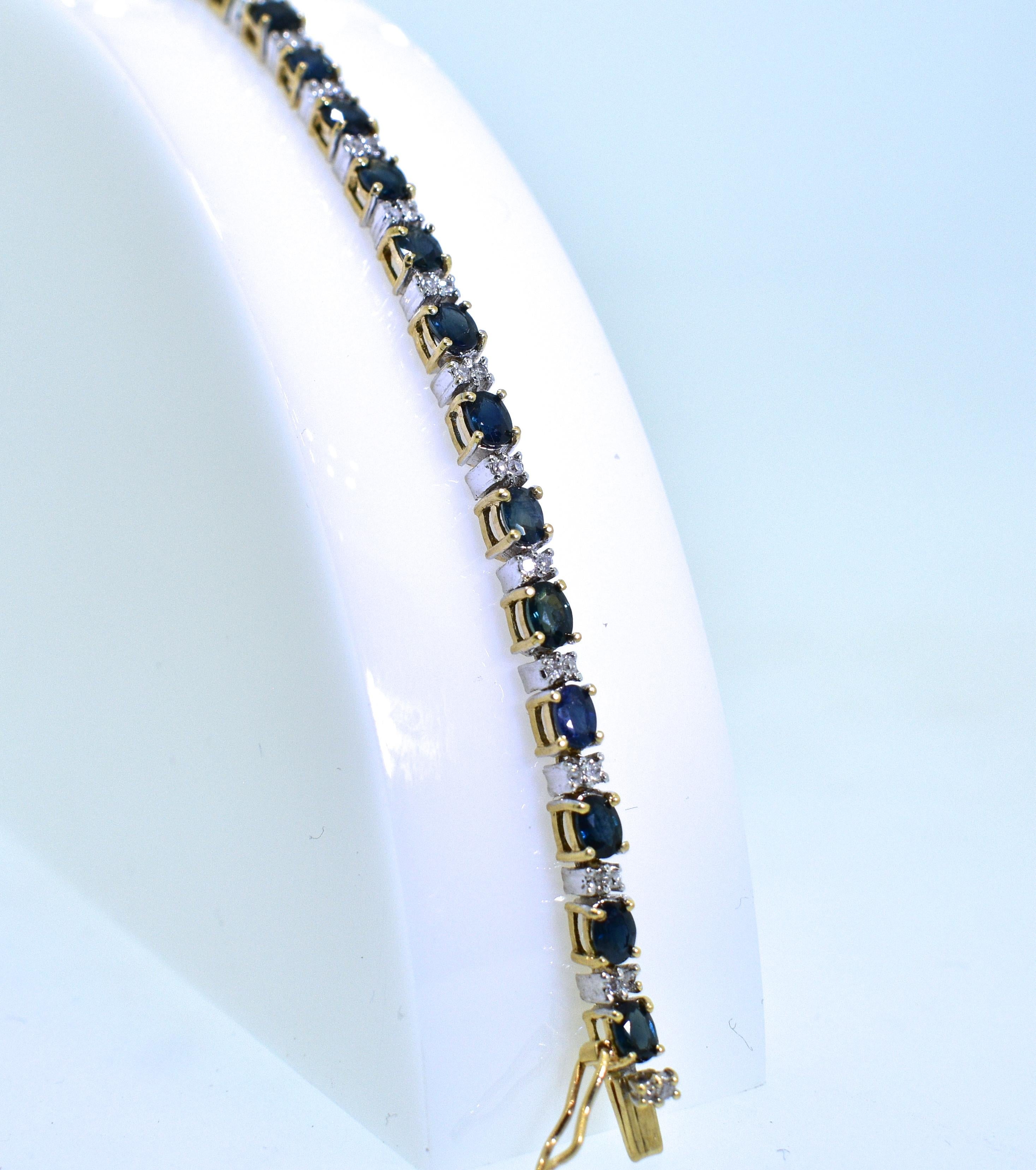 Sapphire and Diamond Bracelet with 30 fine blue sapphires estimated to weigh 3.0 cts., and 60 round diamonds estimated to weigh .25 cts.  The white diamonds are near colorless, I, and very slightly included. This bracelet is 7.25 inches long, is
