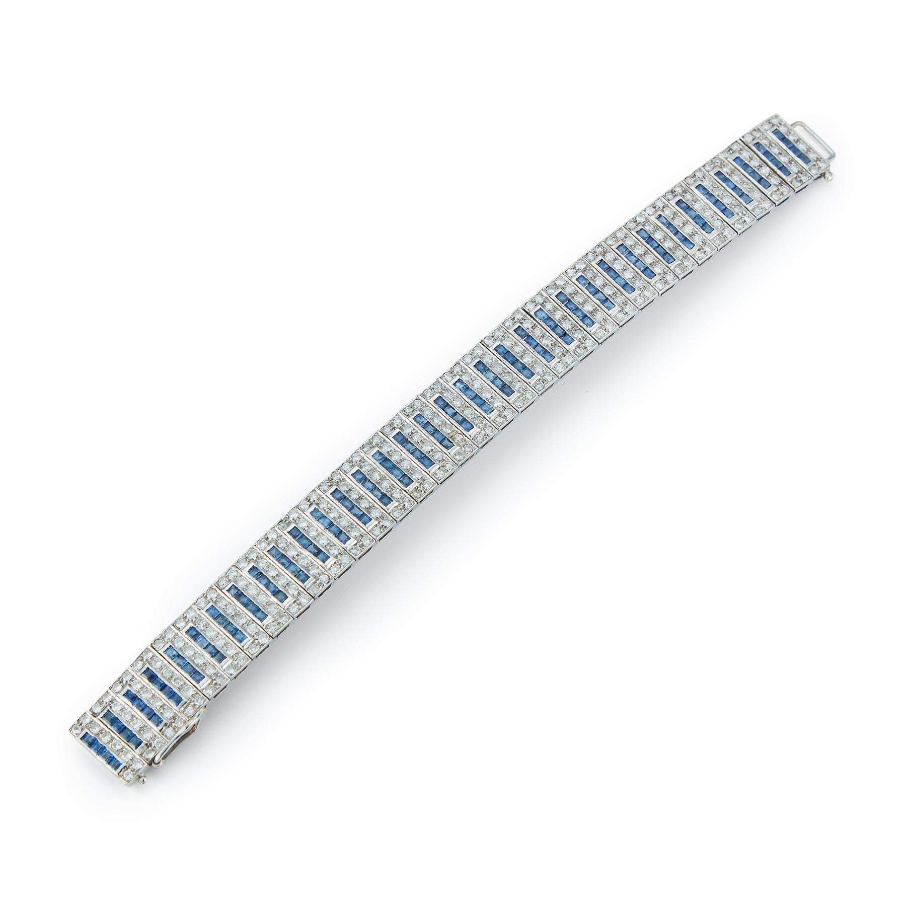 Sapphire and Diamond Bracelet

280 round cut diamonds approximately  7.30 cts & 140 square sapphires approximately 9.85 cts 

Set in 14k white gold 

Measurements: 6.5