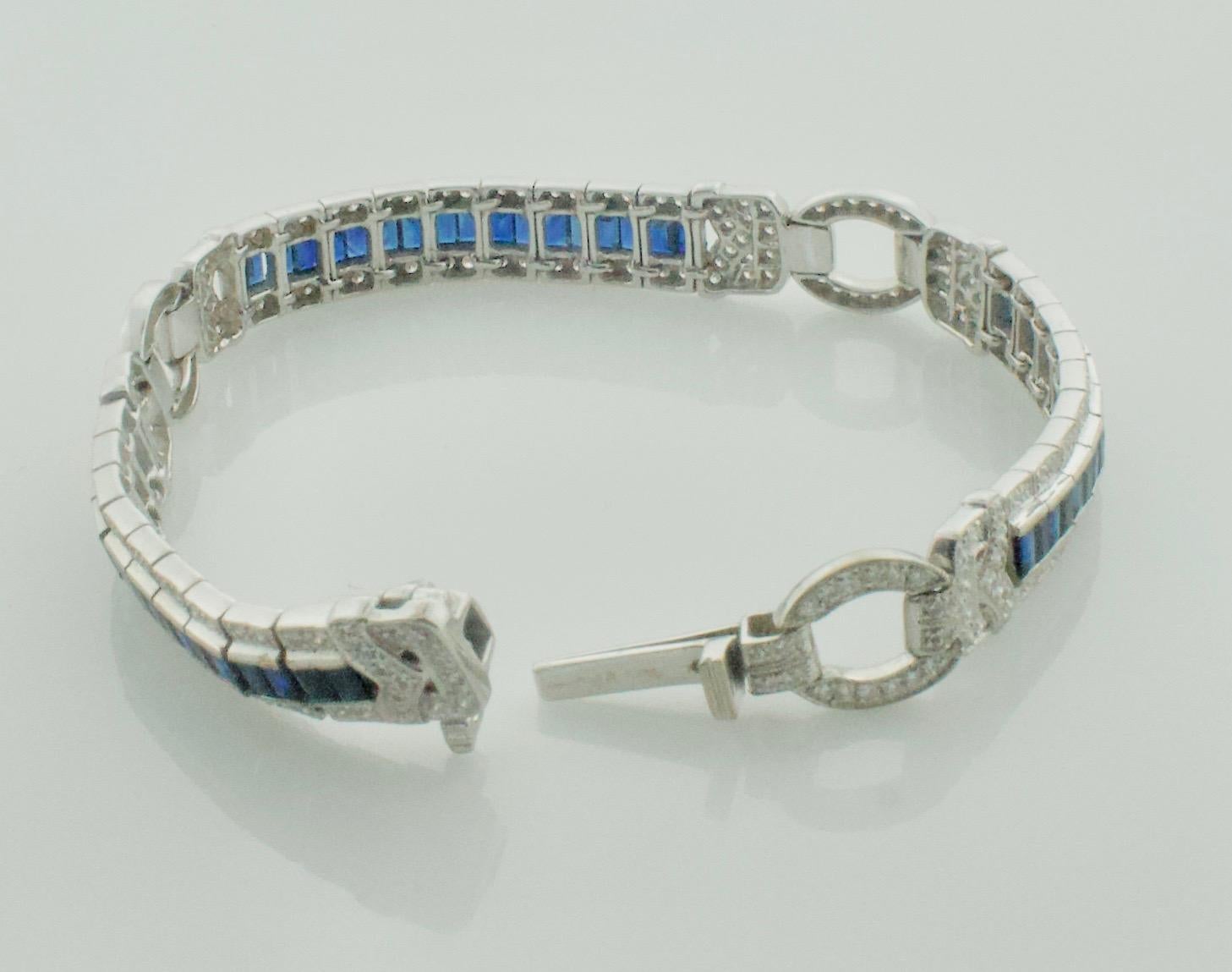 Baguette Cut Sapphire and Diamond Bracelet in 18k Gold For Sale