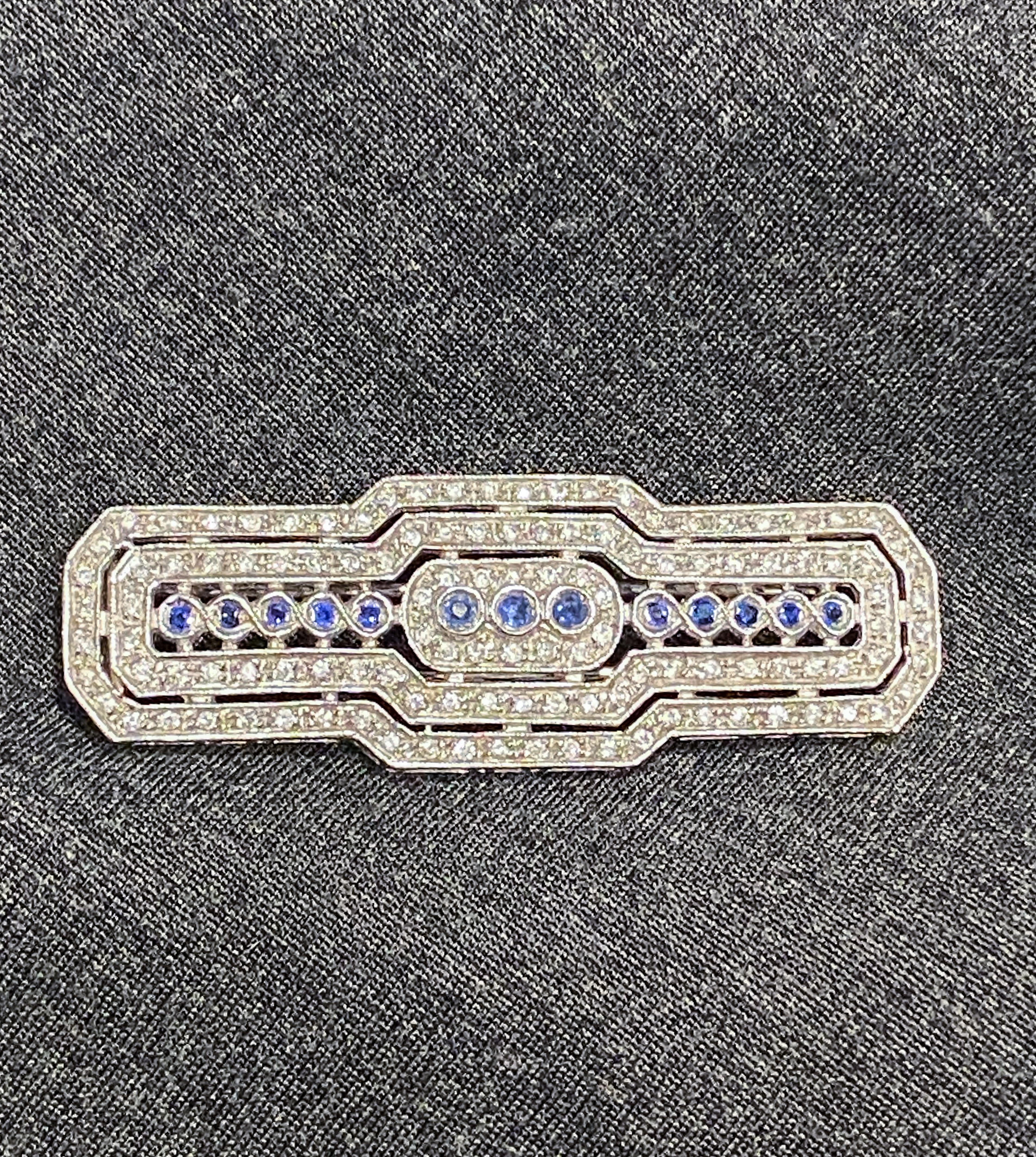 Art Deco Style Sapphire and Diamond White Gold Brooch For Sale 1
