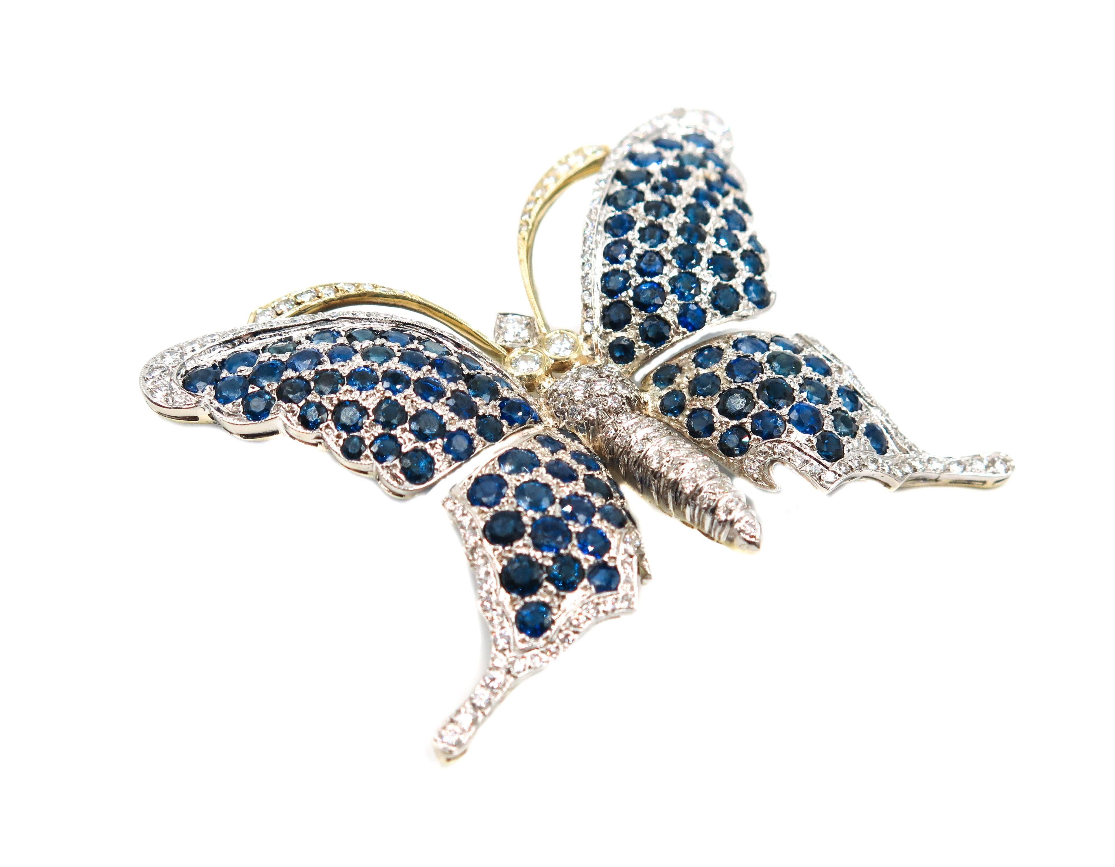 High fashion, glamour, seduction and beauty are just some of the ingredients in the mix, creating a unique jewel inspired by luxury and the pursuit of beauty. 
This sapphire and diamond butterfly brooch is shaped by the image of the sophisticated